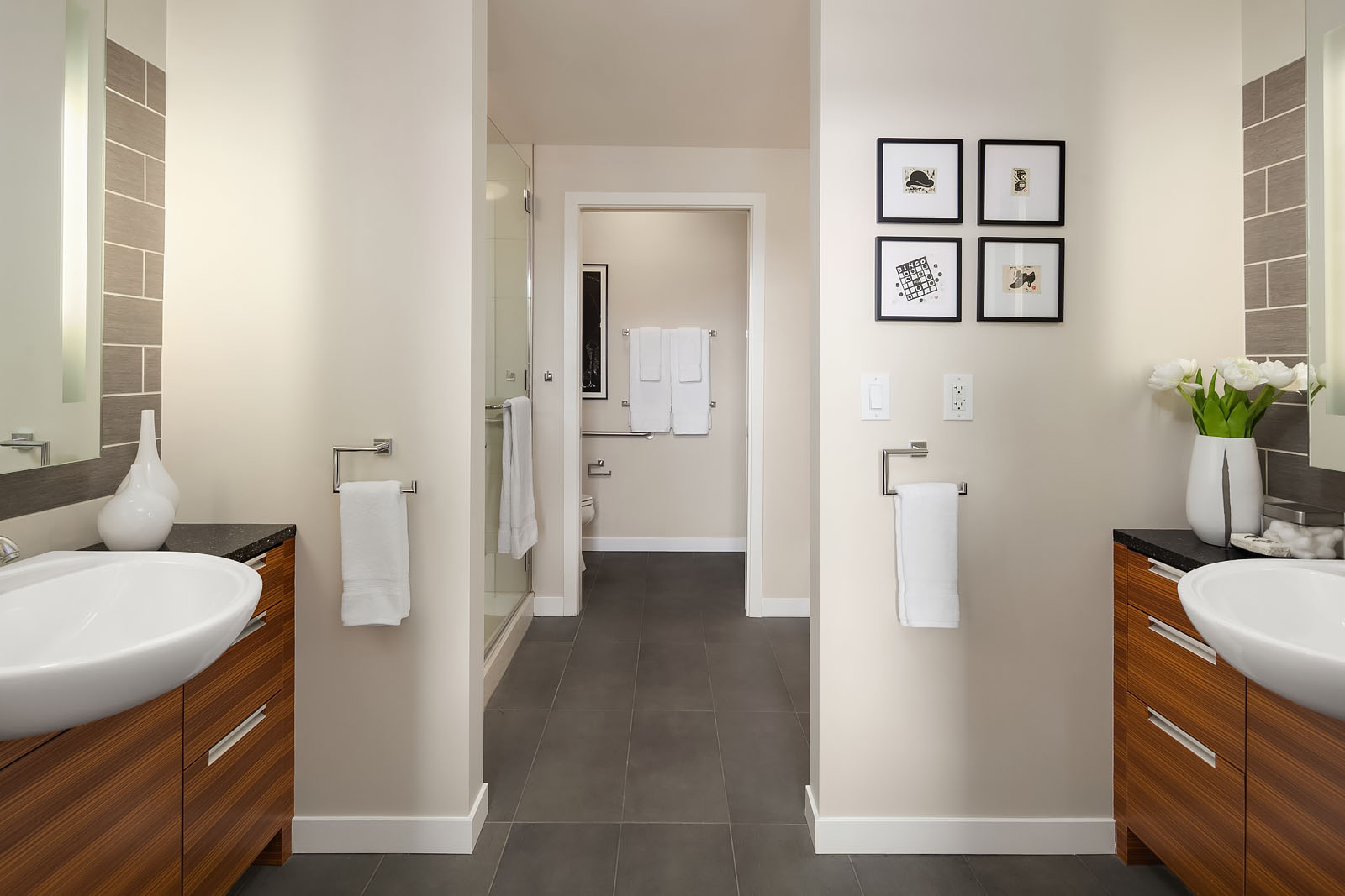 Three distinct zones + heated floors make the master bath a suite of its own.