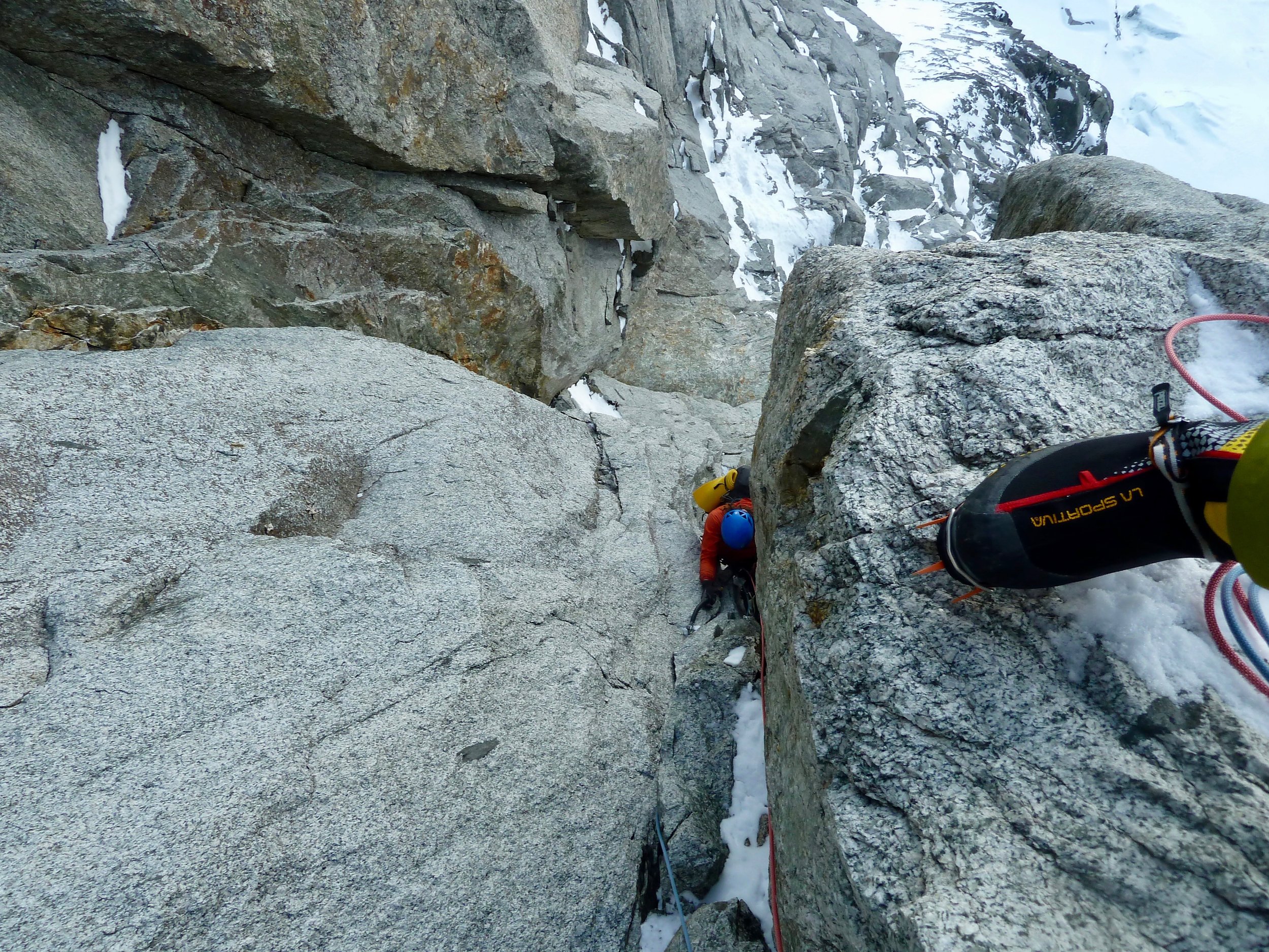 kim seconding the final section of the first crux chimney
