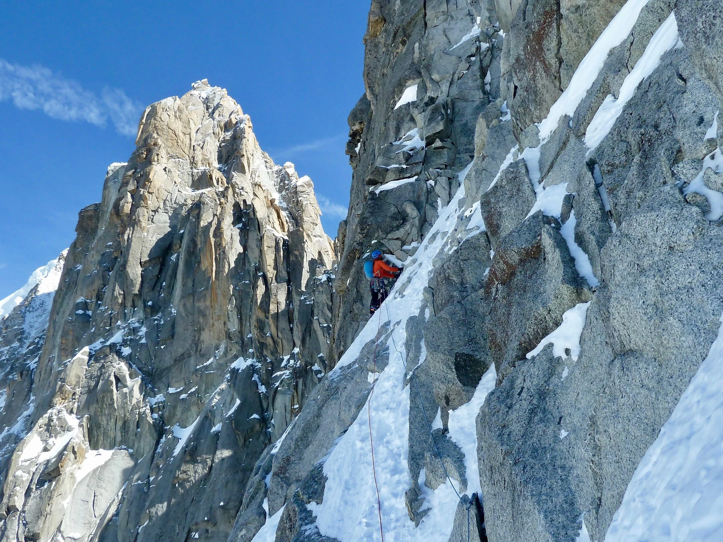 kim traversing leftwards on the first snowpatch