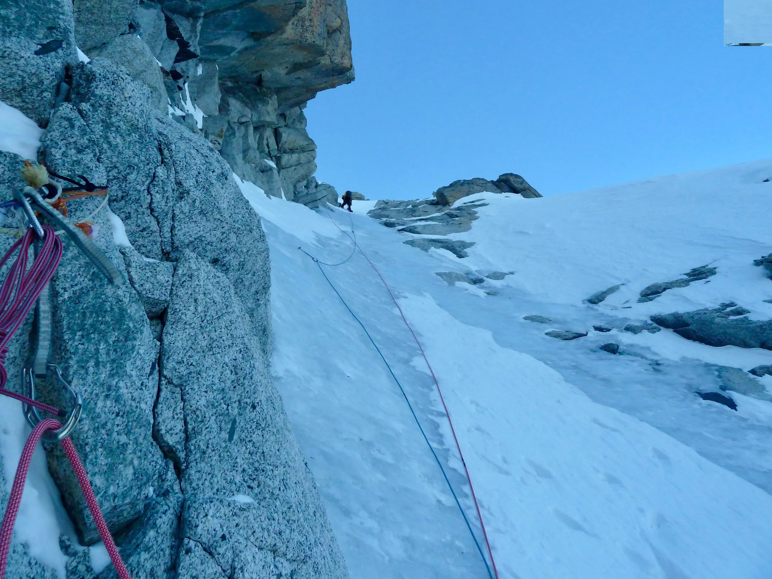 after a fresh bivi, two pitches up the dru couloir took us to the breech des drus