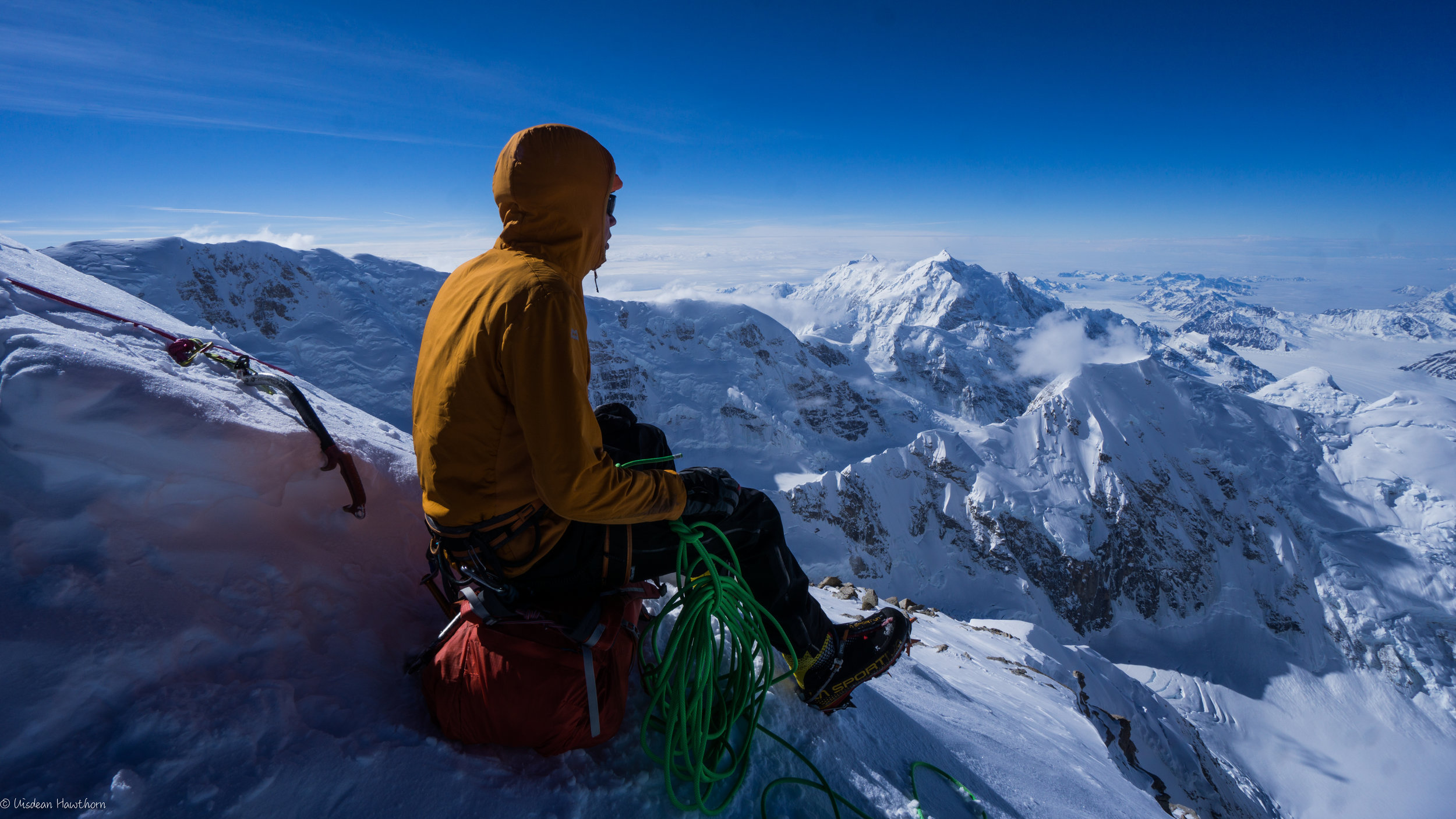 about to descend the wickwire ramp, with mt. foraker in the background. photo: uisdean hawthorn