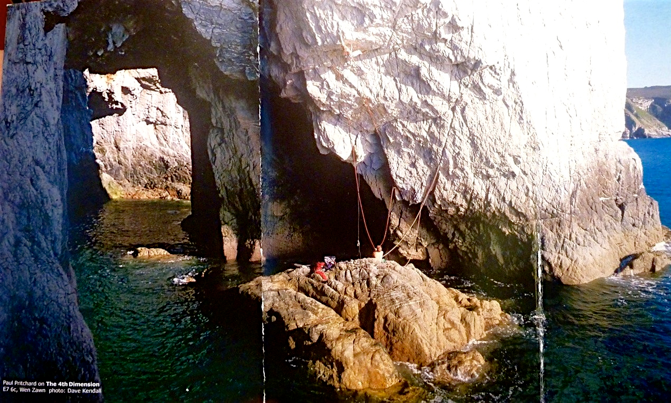 The incredible Ray Wood photo of Paul Pritchard trying a version of TFD. He is going too far right in the picture. This is the back flap of the Gogarth North guidebook.