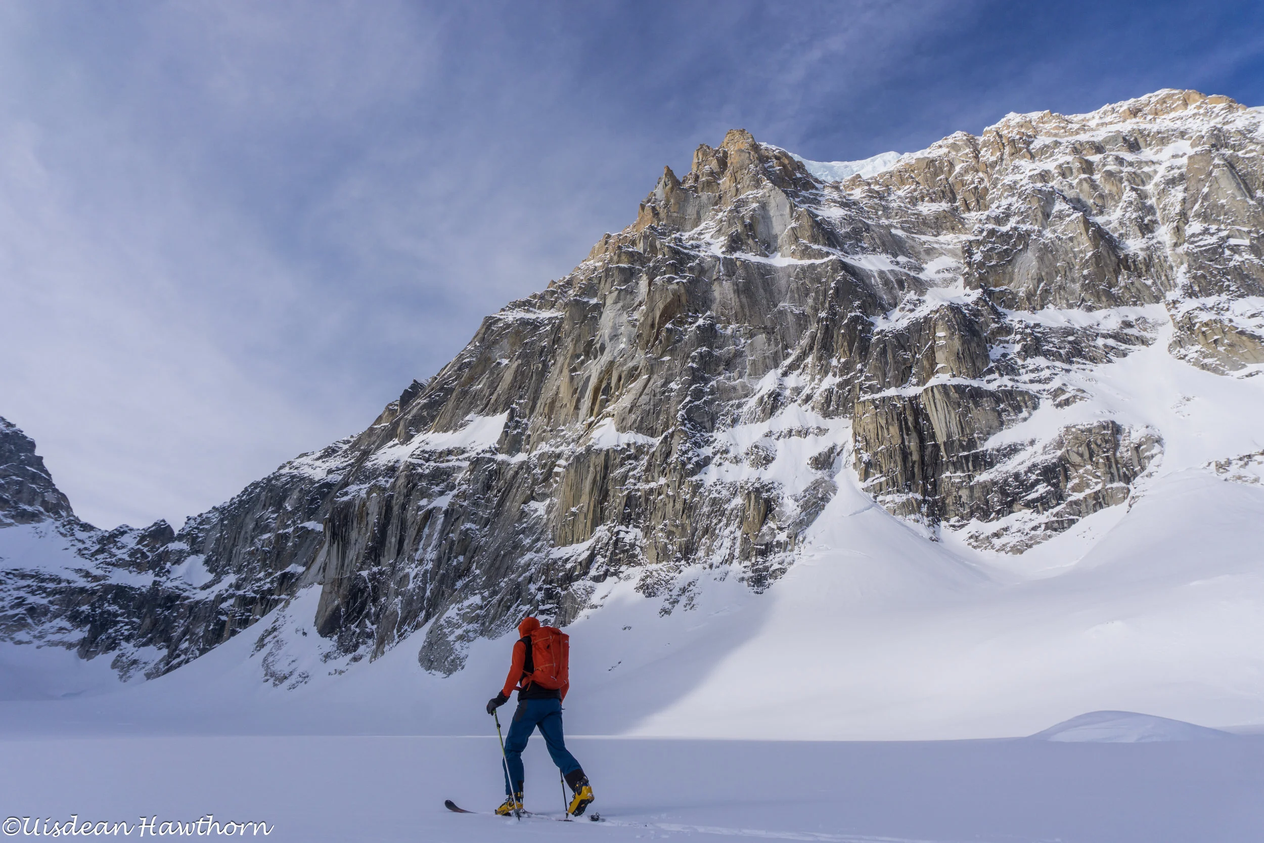 the east face of Jezebel. We climbed a route up the left side of the face (hidden from view) to the summit. We had to climb back over the col in the bottom left corner to get back to this point (the Fish glacier/beneath the E face).