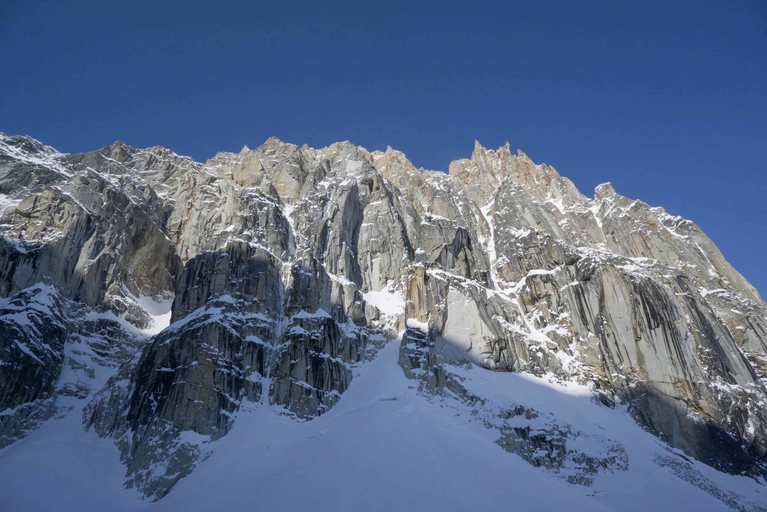 We climbed the thin couloir streaks just left of centre. To the right of the big grey rock scar is Hoar of Babylon.