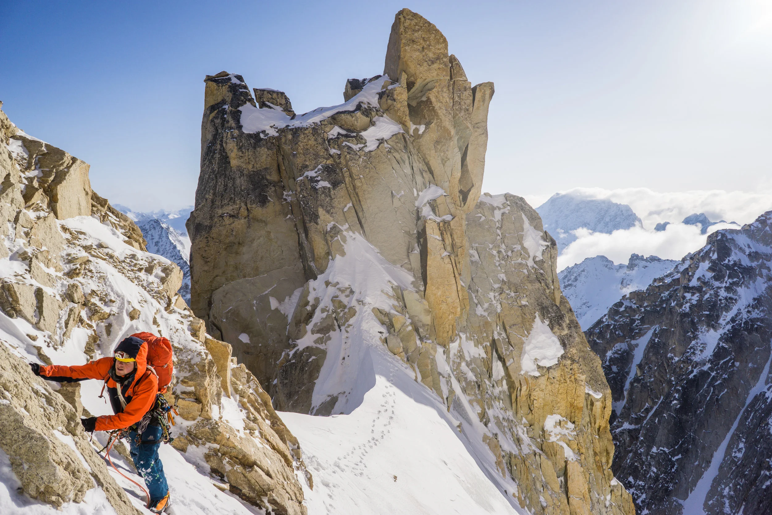 Uisdean Hawthorn on 'Fun or Fear' (ED2), Mt. Jezebel, Revelation Mountains, Alaska. First ascent.