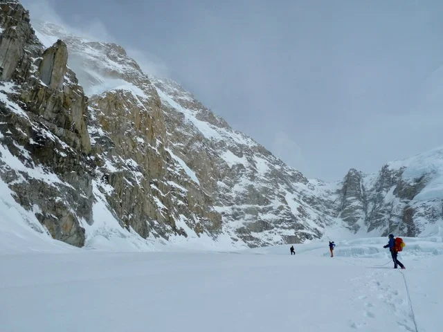 Chantel Astorga, Anne Gilbert Chase and Uisdean Hawthorn after an attempt at the Slovak Route, South face of Denali.