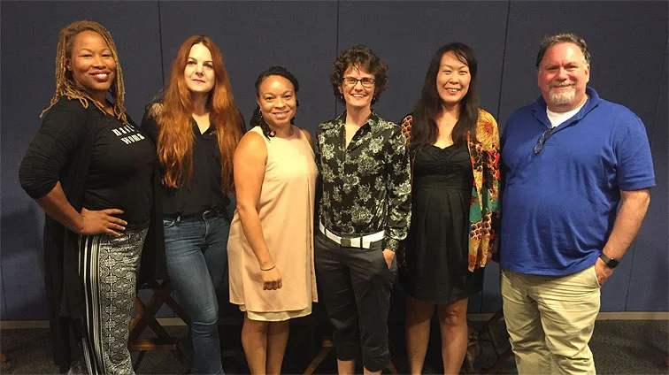Panelists (L-R): Moderator Dr. Zoanne Clack ( Grey’s Anatomy ), Sascha Rothchild ( GLOW ), Dr. Raegen McDonald-Mosley (Planned Parenthood), Merritt Tierce ( Orange is the New Black ), Chai Chai Sun (menopause expert), and Bruce Miller ( The Handmaid’s Tale ). photograph by Mai Tran-Lanza