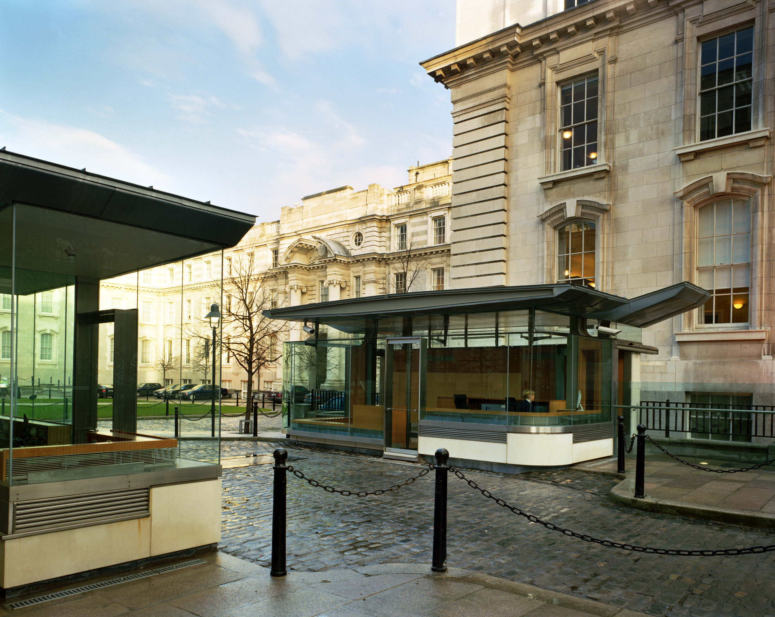 Fig. 2 Welcoming pavilion west facade facing vehicular entrance, Security pavilion corner