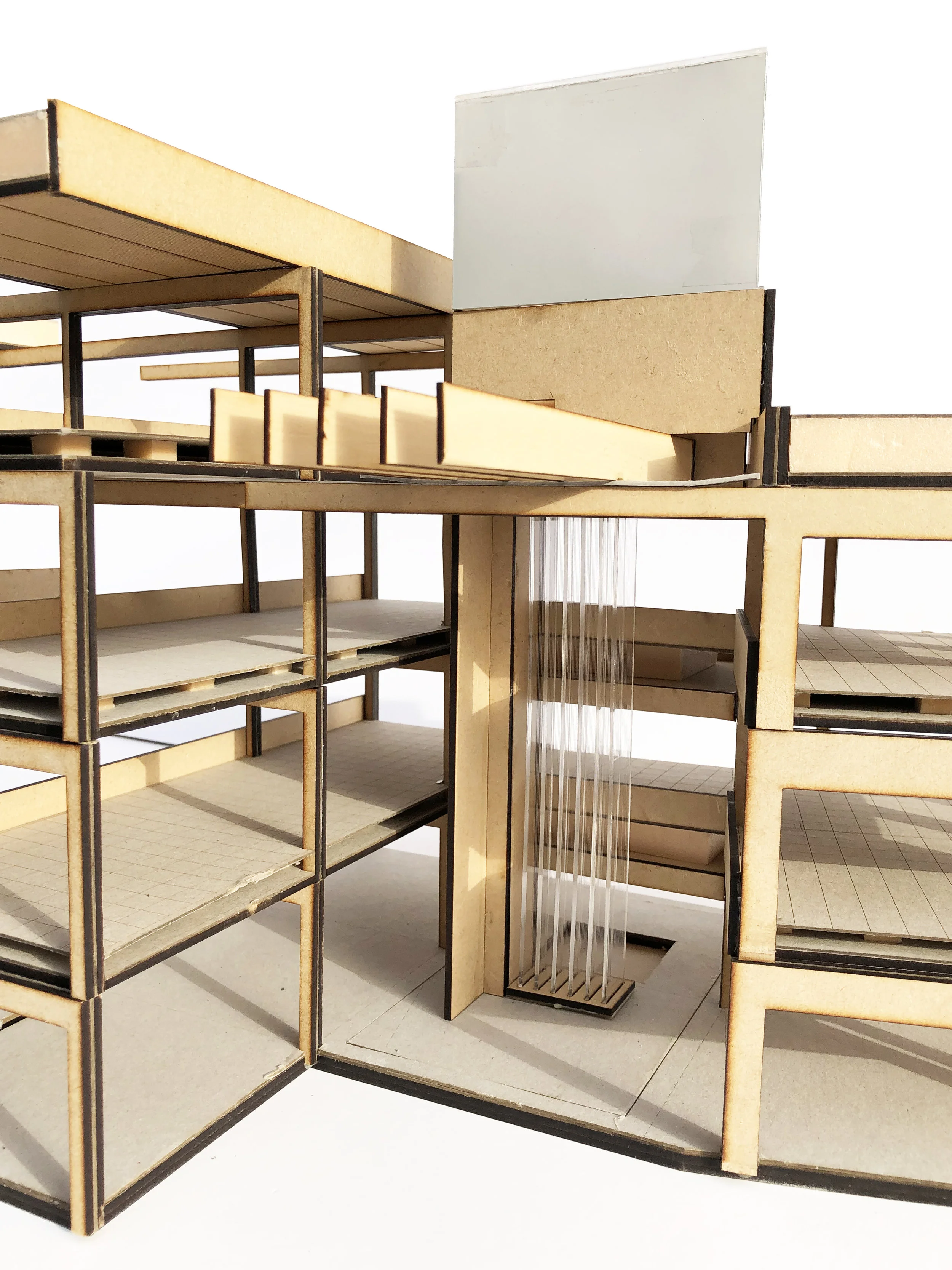 Section model, 1:50, atrium, waterwall, solar chimney assembly, timber primary structure