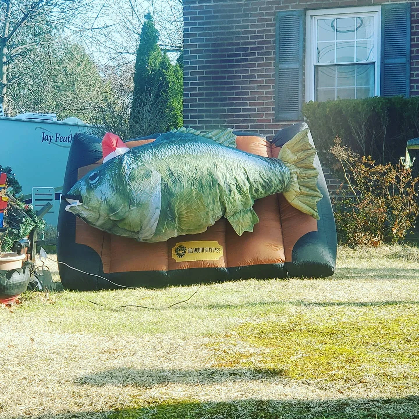 Came across the best Christmas yard decoration ever....an inflatable Billy the Big Mouth Bass! #funnychristmas #billythebigmouthbass #rocklandcounty