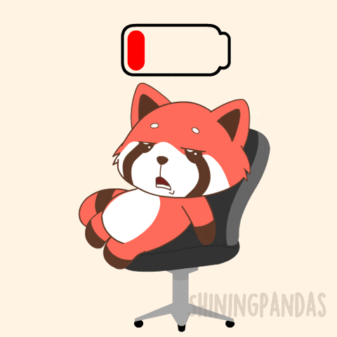 A cartoon red panda with a sad expression sitting in an office chair with a low battery icon above its head.