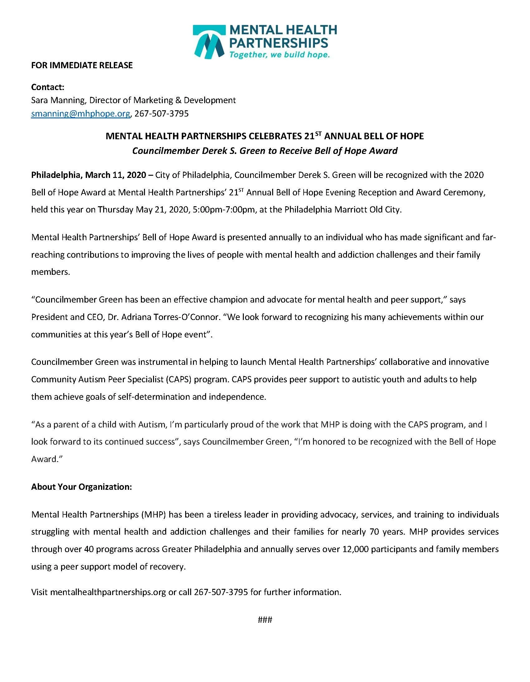 Press Release Mental Health Partnerships Celebrates 21st Annual Bell Of Hope Philadelphia City Councilmember Derek S Green To Receive Bell Of Hope Award News Mental Health Partnerships