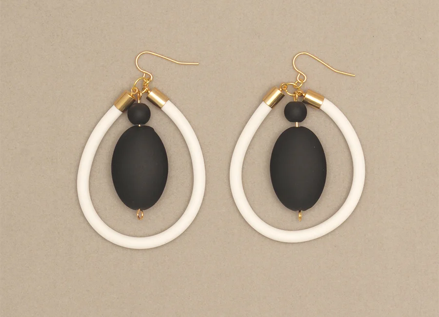 Mod Hoop Earrings in White with Black Beads