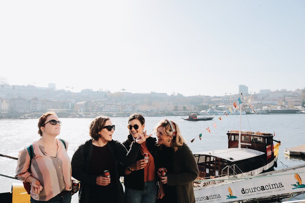 stagette friends in front of the water in Porto, Portugual