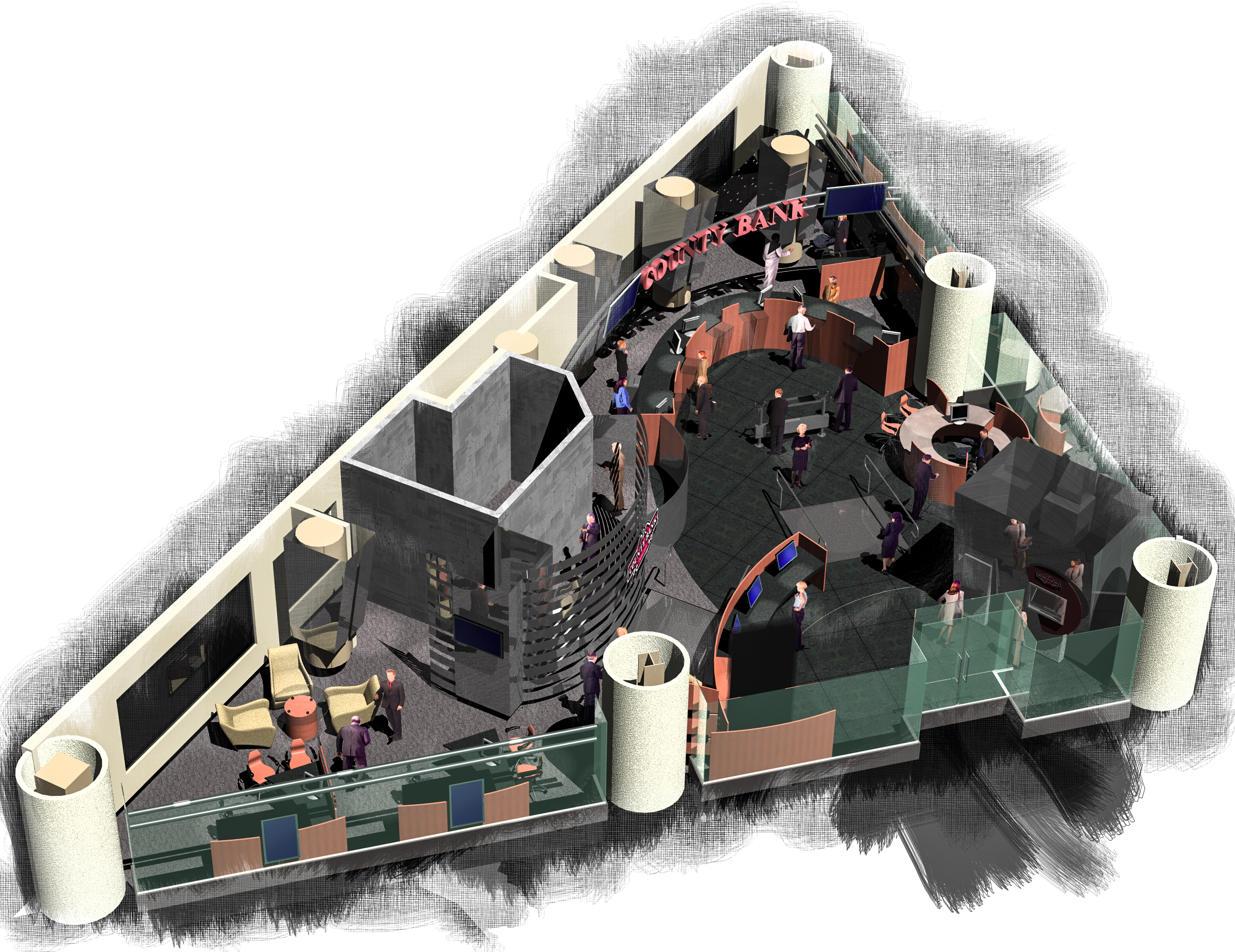 S.F. Bank: Model -- Main entrance elevation