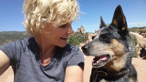 Vicki Wilkinson and her dog, Elle Mae working on Photo Shoot at the Garden of the Gods, Colorado Springs, Co.