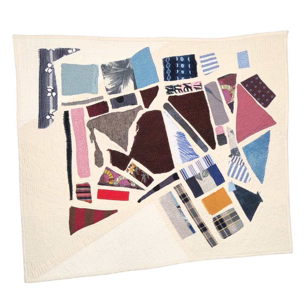 Meet Me at the Corner. Reclaimed garments and other cotton fabrics, hand pieced and quilted. 25.5x28 inches, 2025