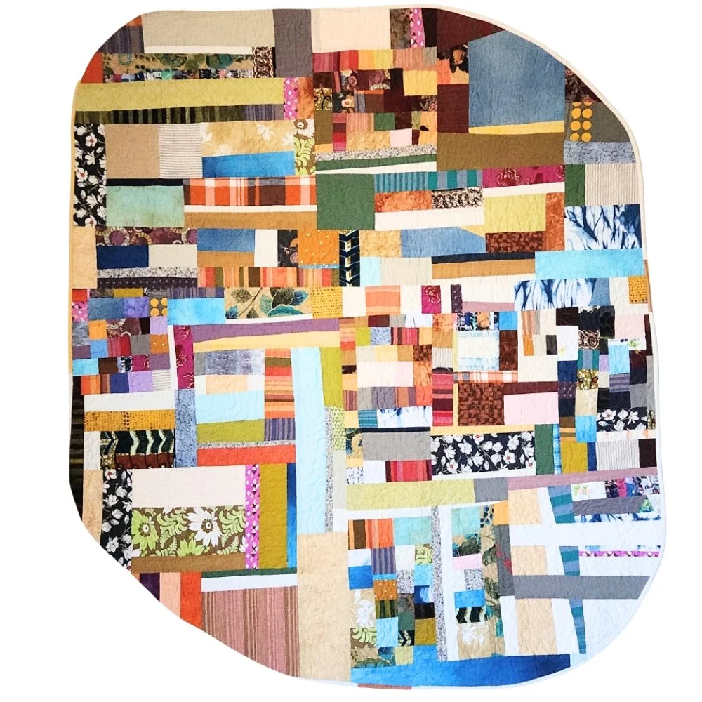 All seasons. Reclaimed garments and other cotton fabrics, machine pieced and quilted. Approx 60x60 inches, 2025