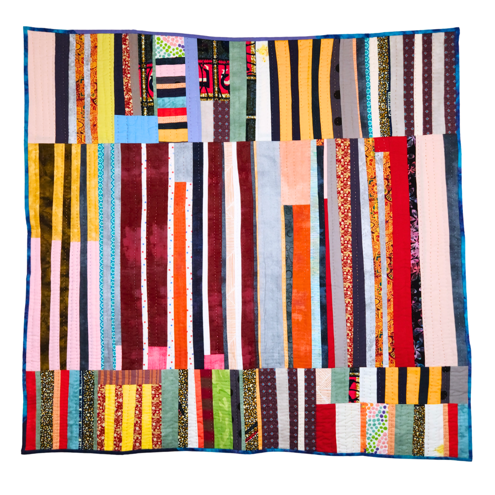 String Quilt for Welcome Blanket. Reclaimed garments and other cotton fabrics, machine pieced and quilted. 39x39 inches, 2024  |  NFS