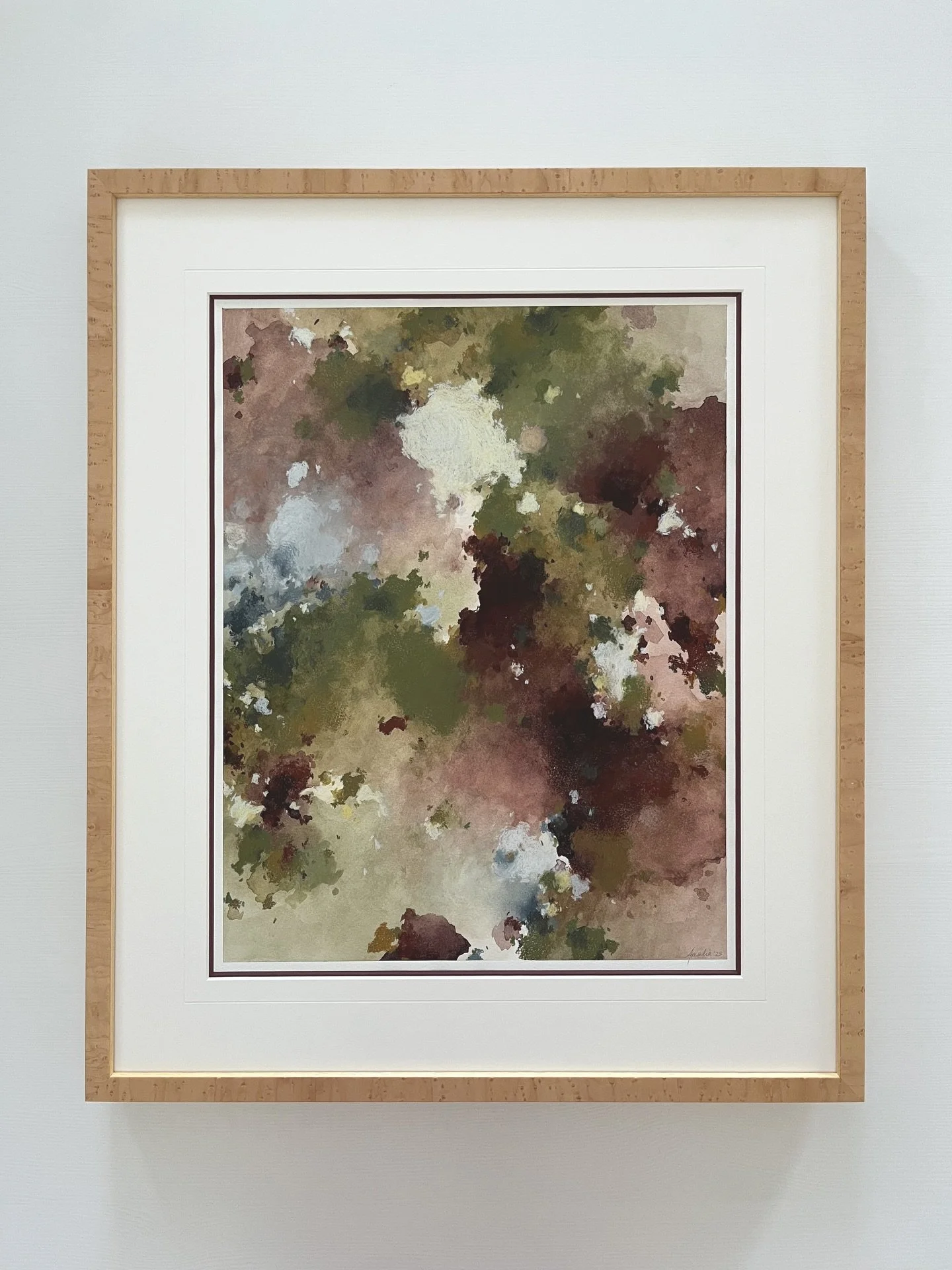 Soft Earth, Slow Light, beautifully finished in a custom burled wood frame with a subtle burgundy accent. Currently on view @den10studio