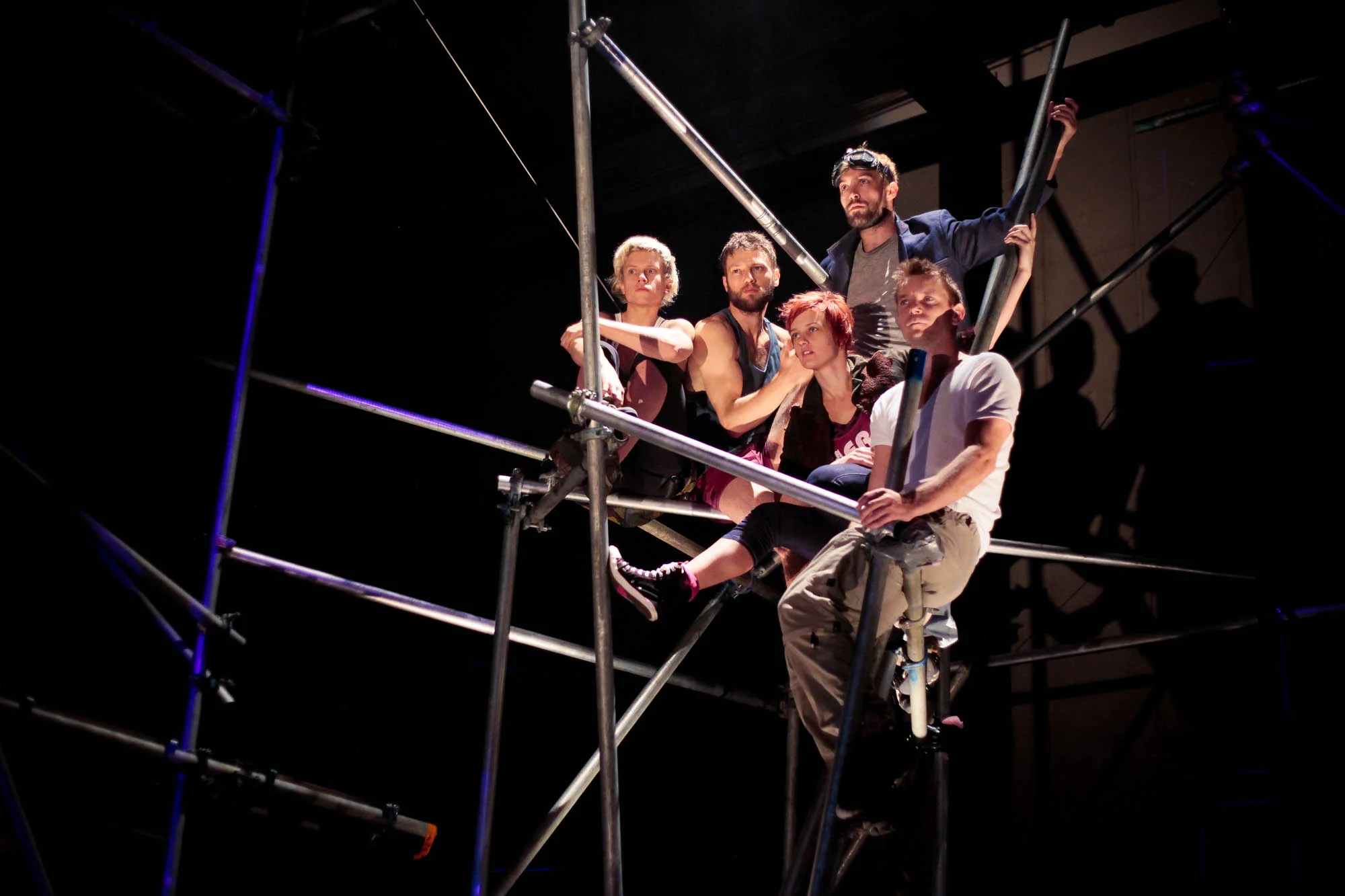 A Return to The Trees Publicity Photograph Featuring the CastPerched in the 8 metre High Scaffolding of the Set