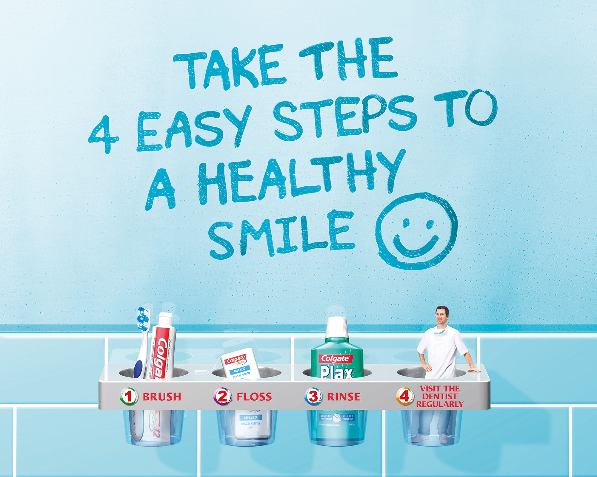 One of several different versions created for Leo Burnett's "Colgate-4 easy steps" print campaign using a combination of photography, retouching and 3D rendering. 