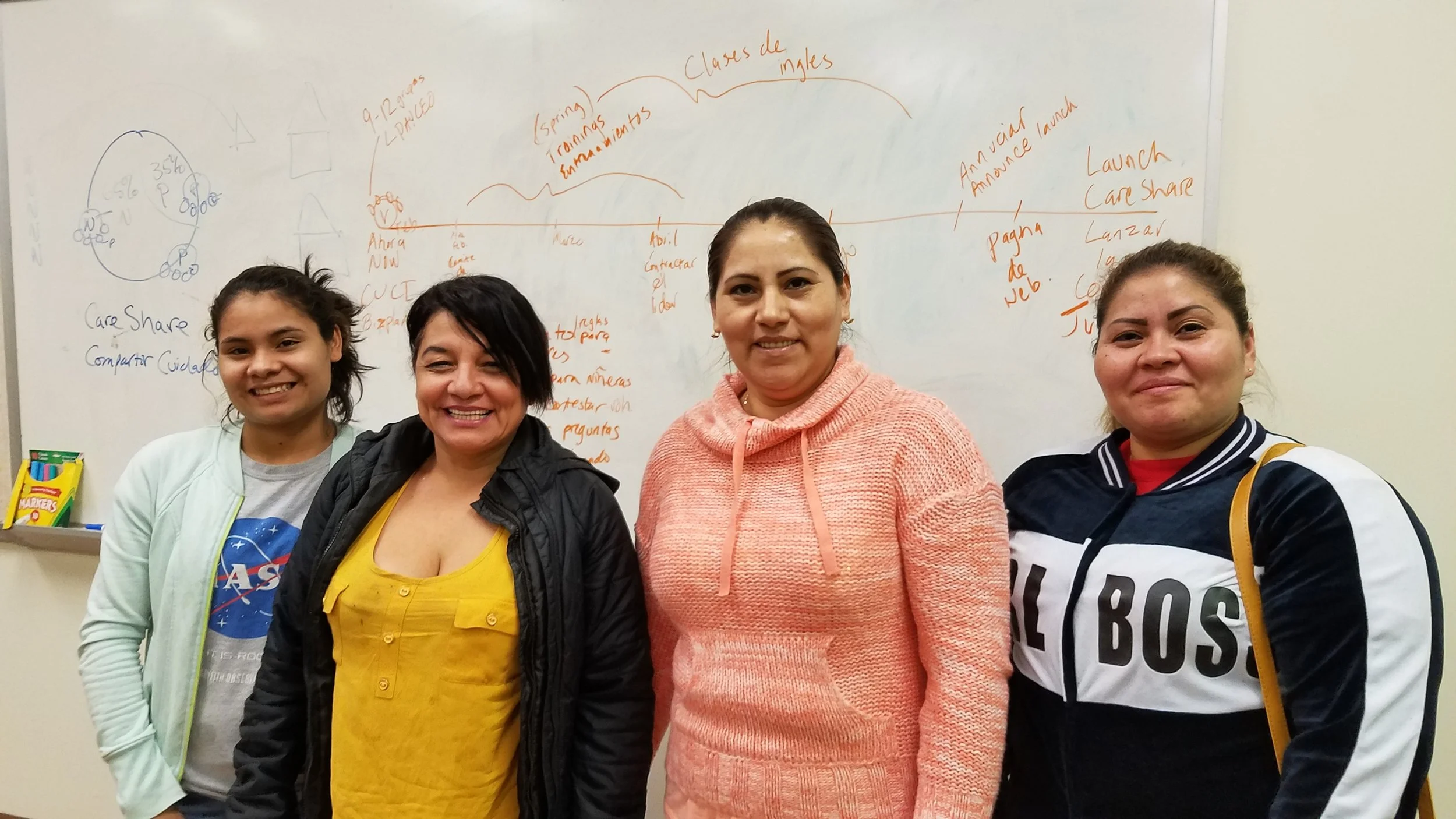 Pictured (r-l): Some of the CareShare organizing committee – Heidy, Maria, Alexis & Vilma (current CareShare provider) –working through launch timeline (on whiteboard behind).