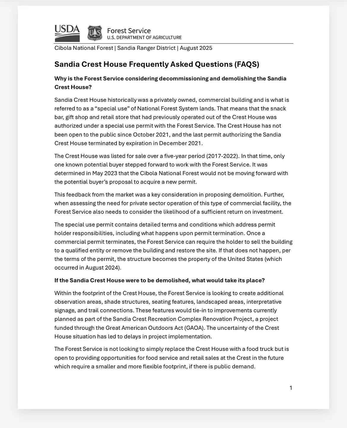 The Sandia Forest District is soliciting comments right now on decommission the Sandia Crest House at the top of the mountain. Here are the FAQ details.