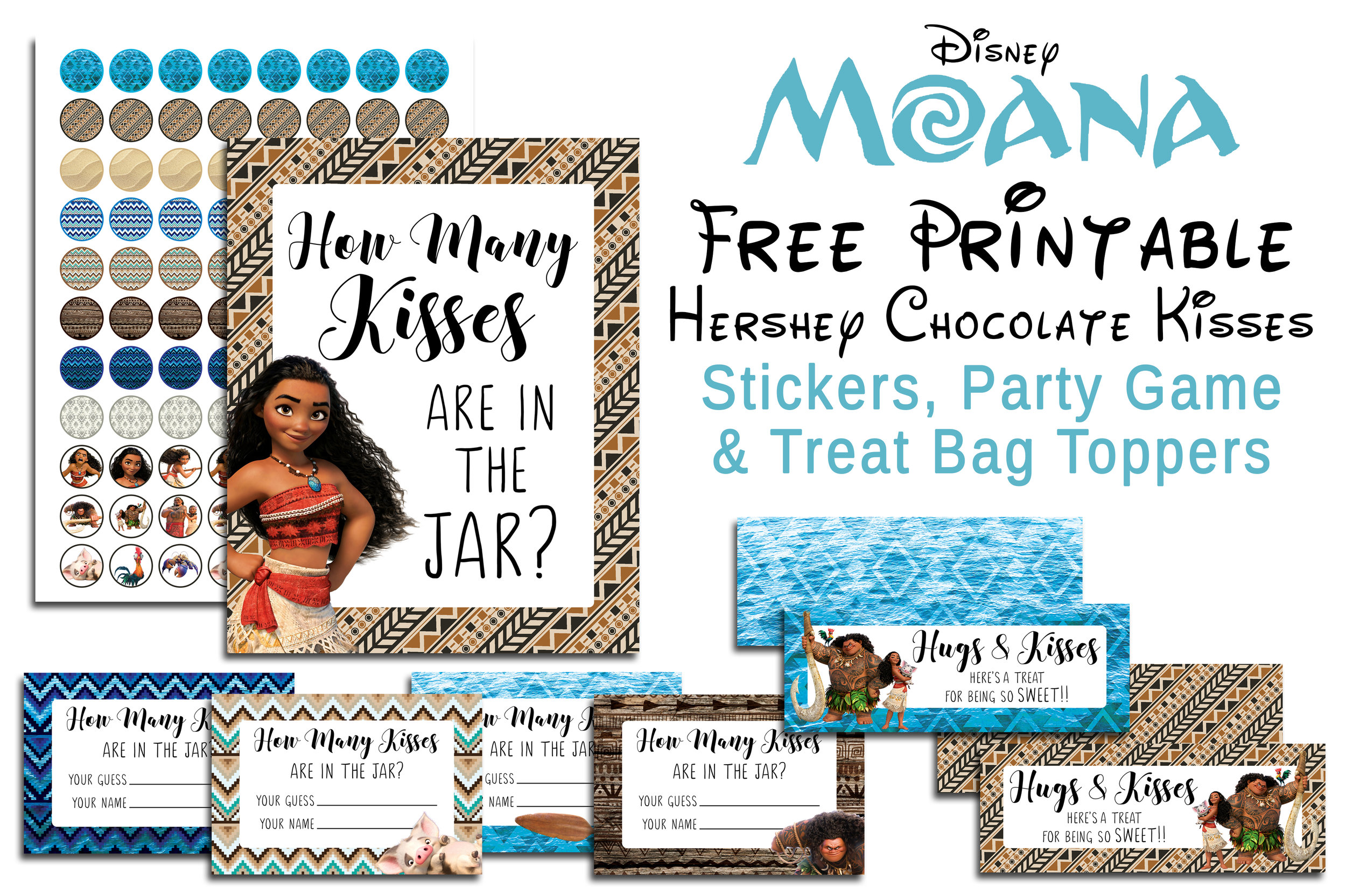 Free Printable Moana Chocolate Kiss Stickers, Treat Bag Toppers & Guess How Many Kisses Party Game