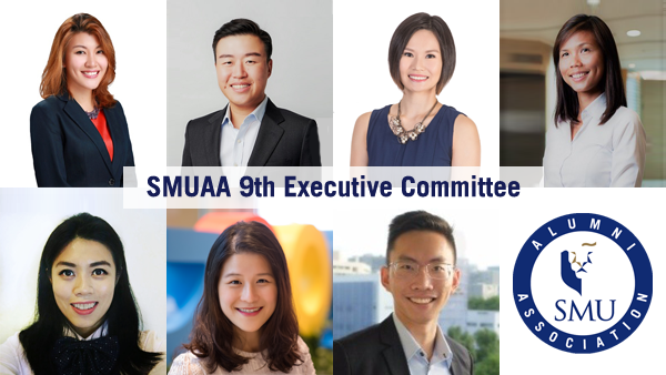 From left to right Top row: Joy Lim (President), Benjamin Mui (Vice-President (Governance)), Ivy Wong (Vice-President (Outreach)), Vivian Neo (Treasurer) Bottom row: Claressa Sim (Secretary), Cherie Neo (Director (Marketing)), Lee Kang Wee (Director (Partnerships))