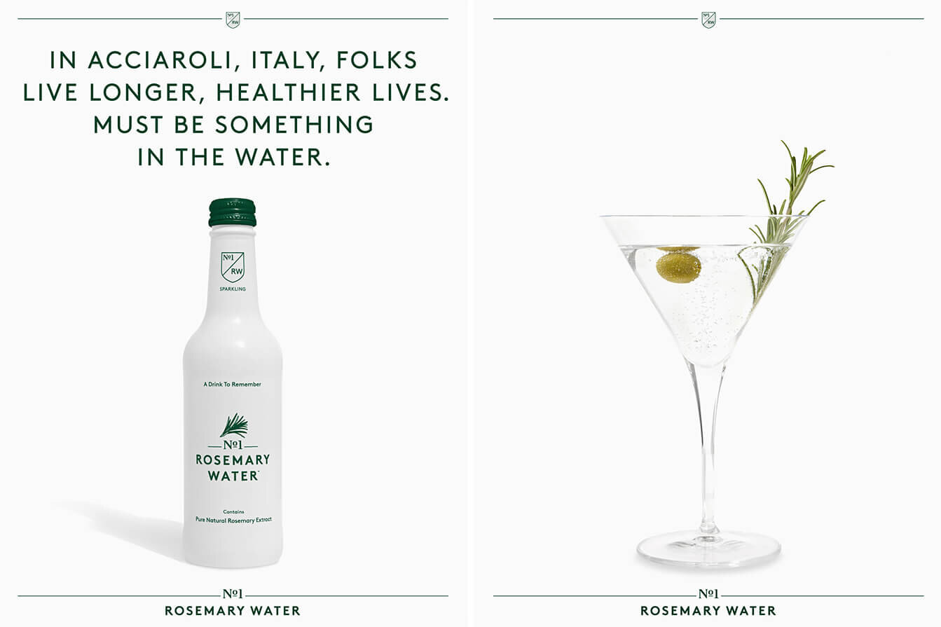 Ecommerce product image of white Rosemary Water bottle and cocktail glass.