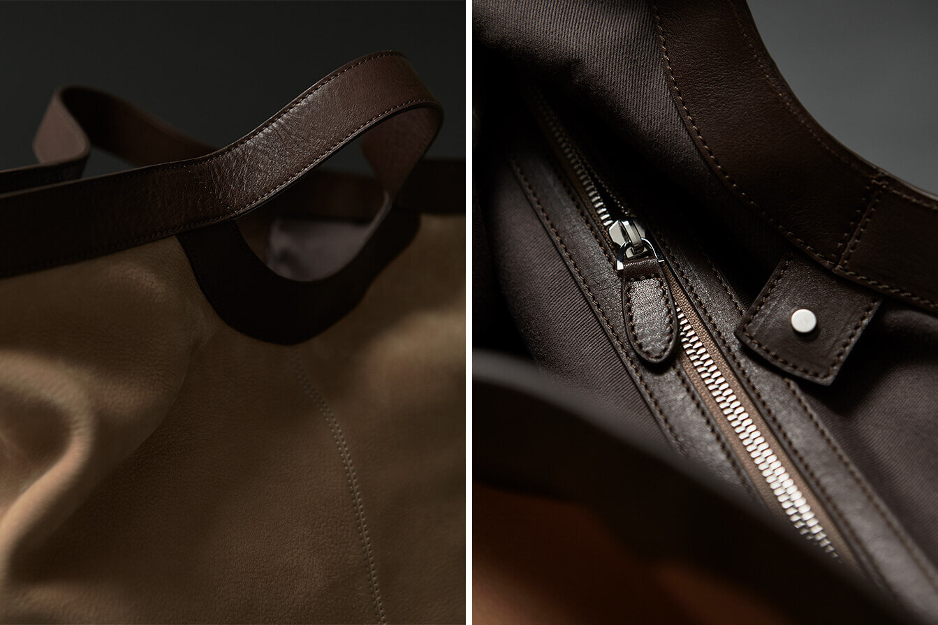 Suede and leather beige in bag. Close up of details and grain.