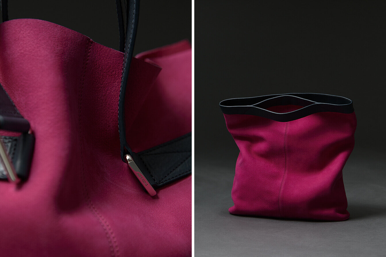 Suede and leather pink  bag. Close up of details and grain.