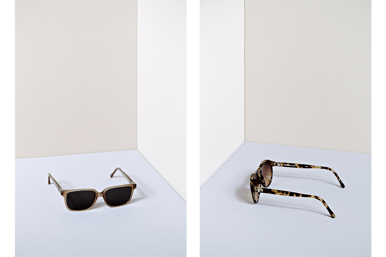 Mykita sunglasses on beige and blue background set. Online content photography.