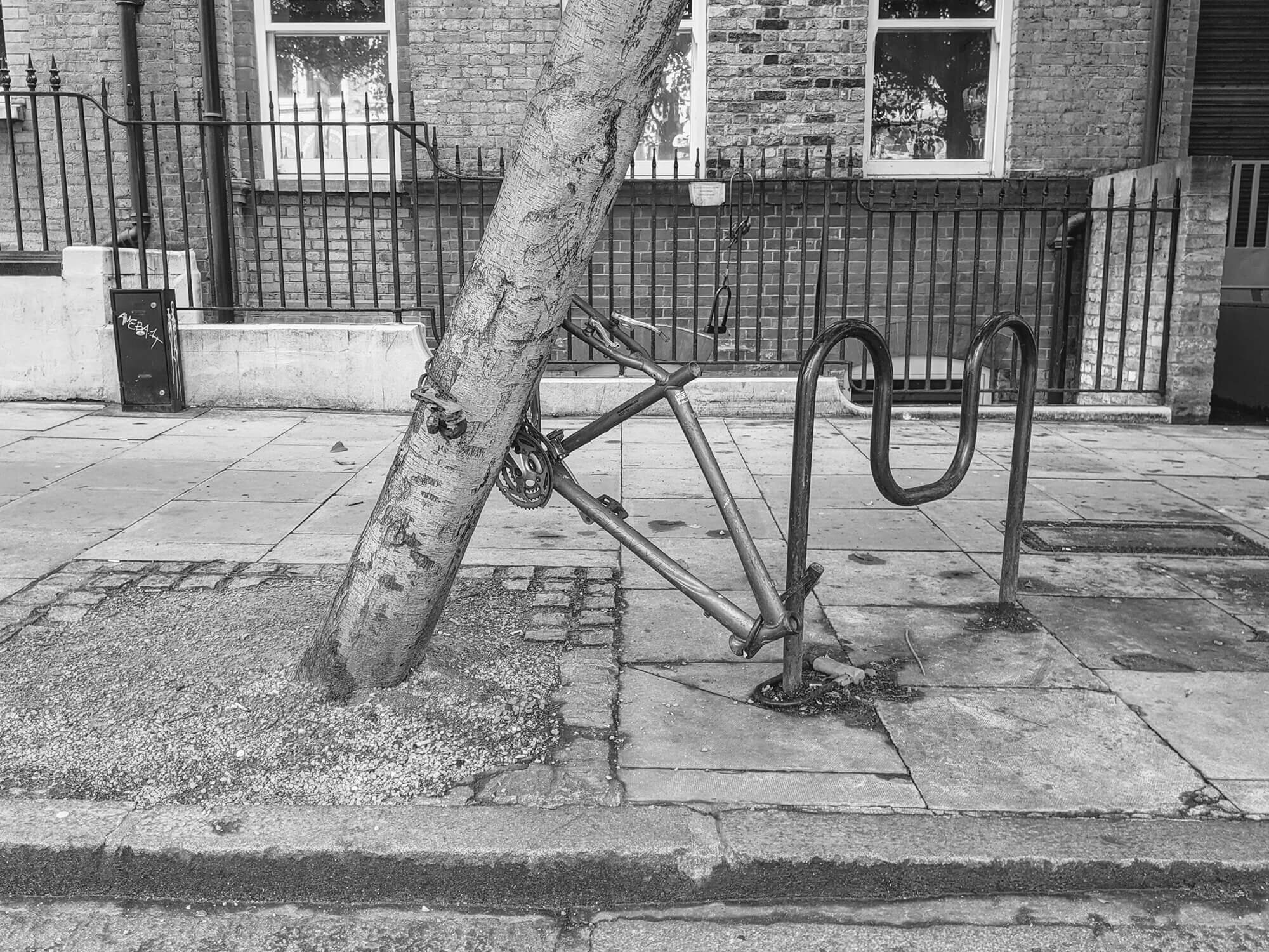 Upside down bike frame, leaning on tree in Hatton Garden, London.