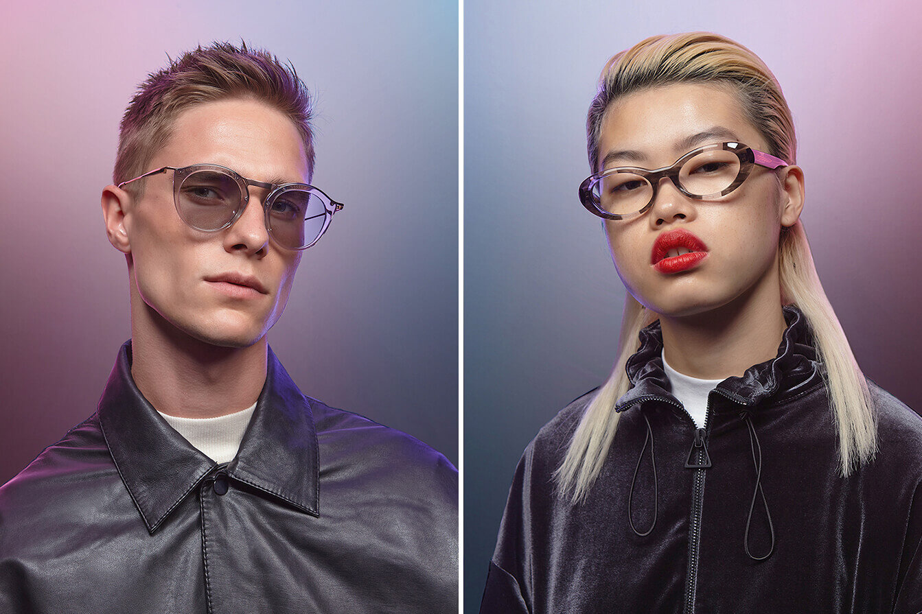 Two models wearing sunglasses. Cross fade red to blue background.