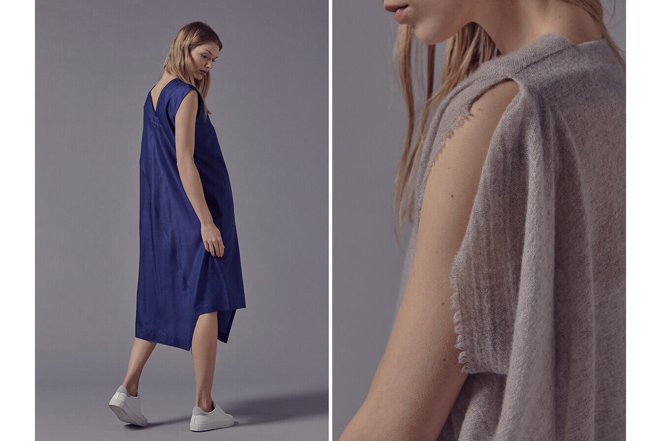 Model in studio wearing Oyuna cashmere clothing. Ecommerce fashion shoot.