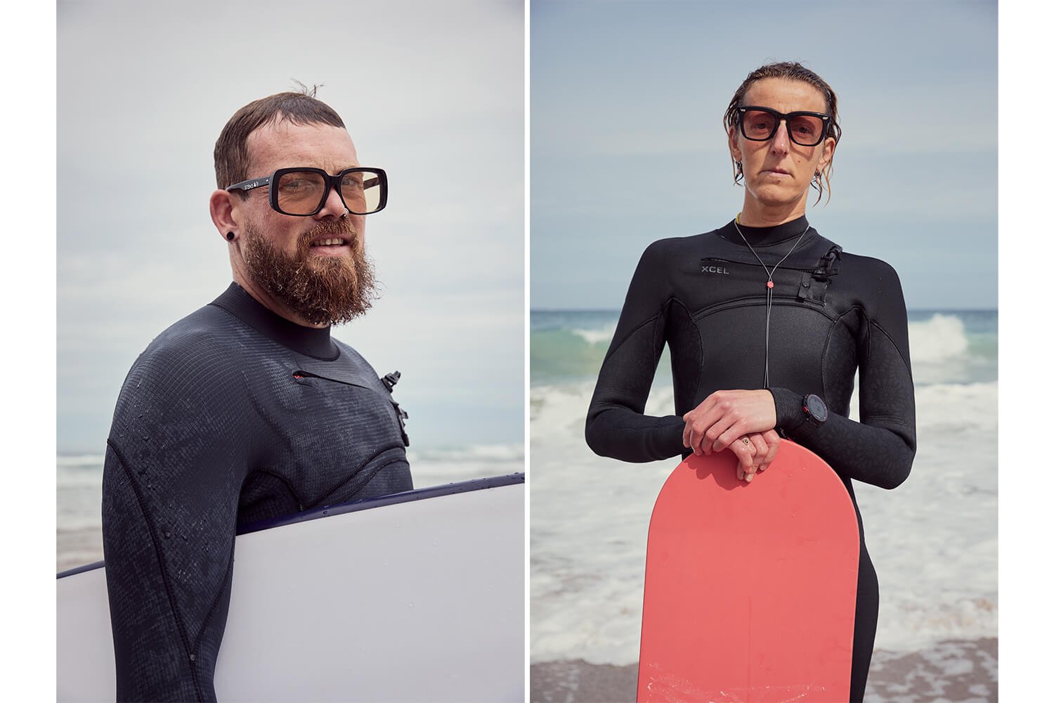 MALE AND FEMALE SURFERS HOLDING BOARDS LOOKING AT CAMERA WEARING STONE D EYEWEAR