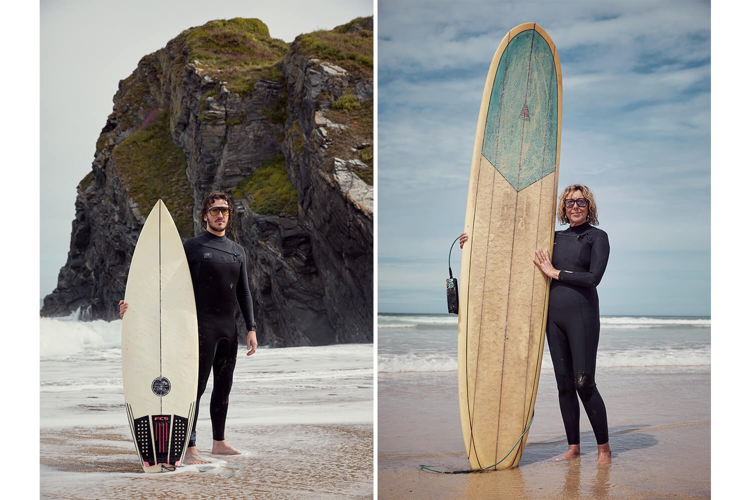 TWO SURFERS STOOD WITH THEIR BOARDS ON THE BEACH
