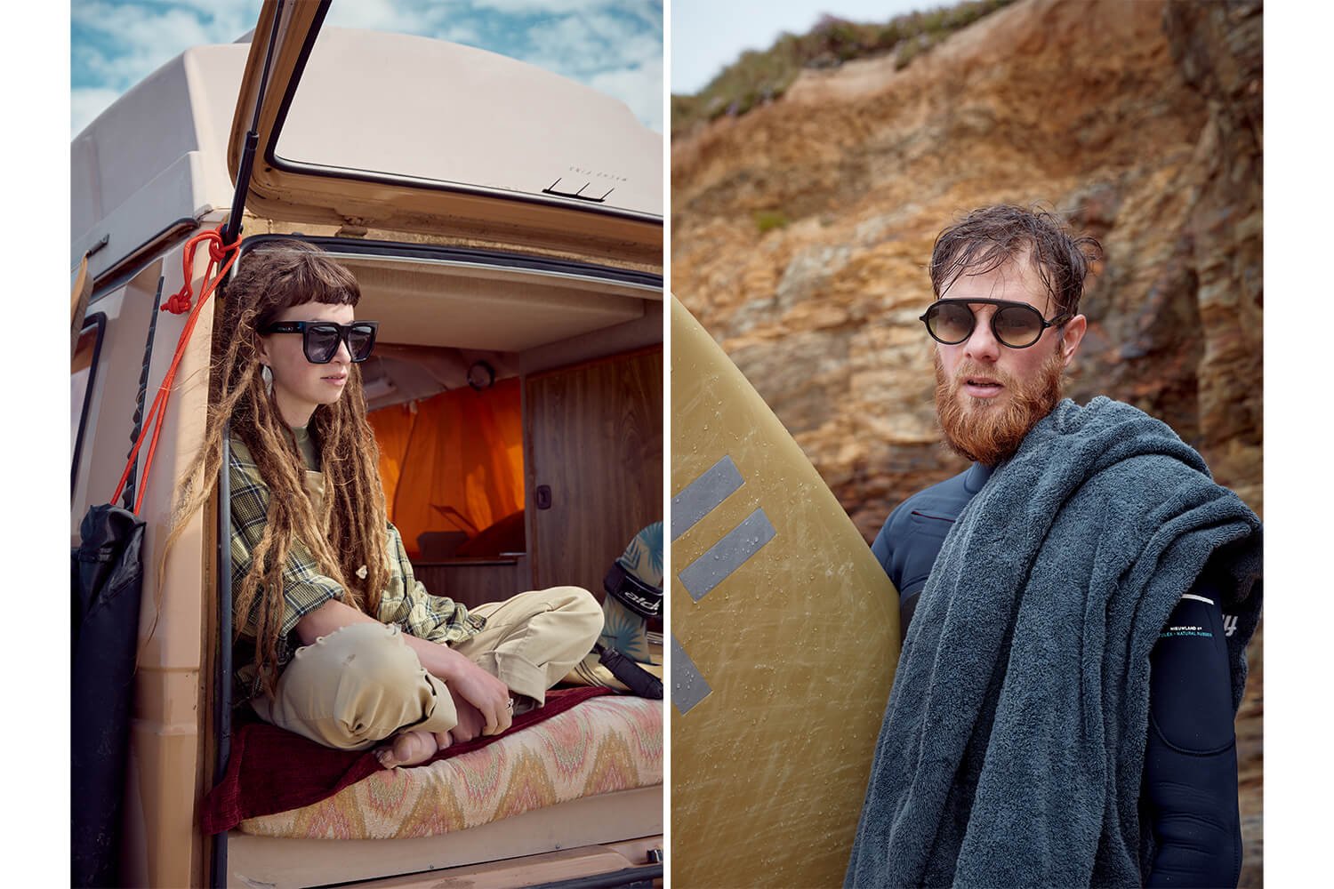 PEOPLE WEARING SUNGLASSES AT THE BEACH AND IN A CAMPERVAN