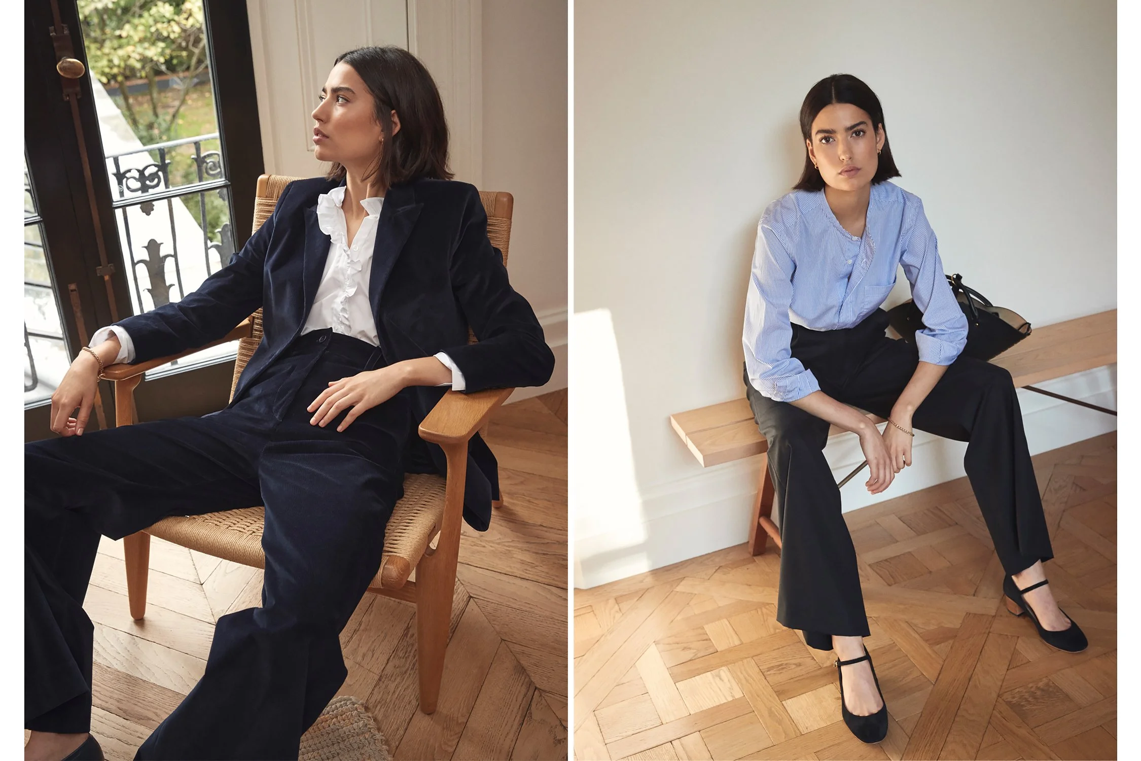 female model sat down in bedroom wearing aimé shirt and corduroy suiting.