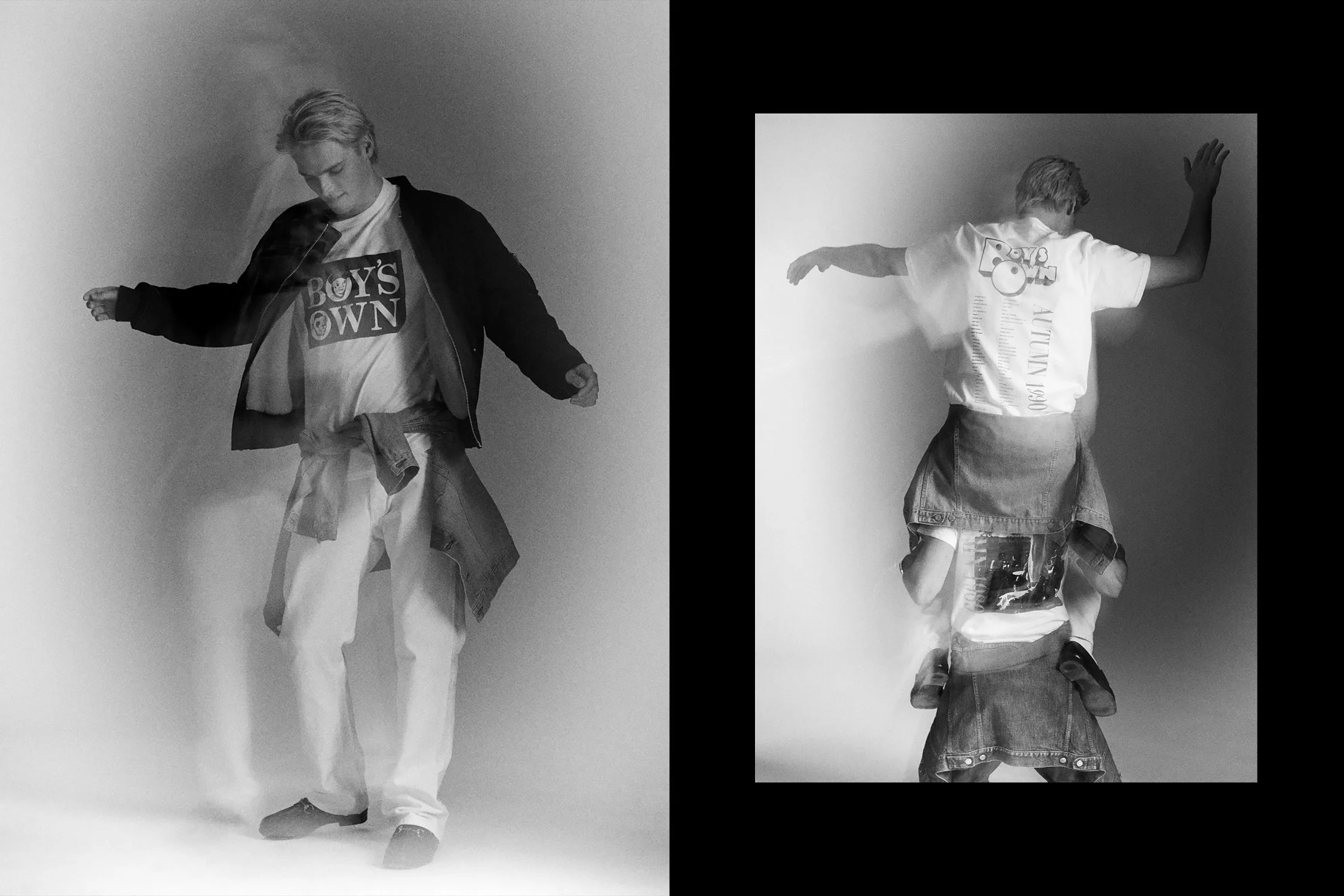 male models dancing on white background. black and white photograph.