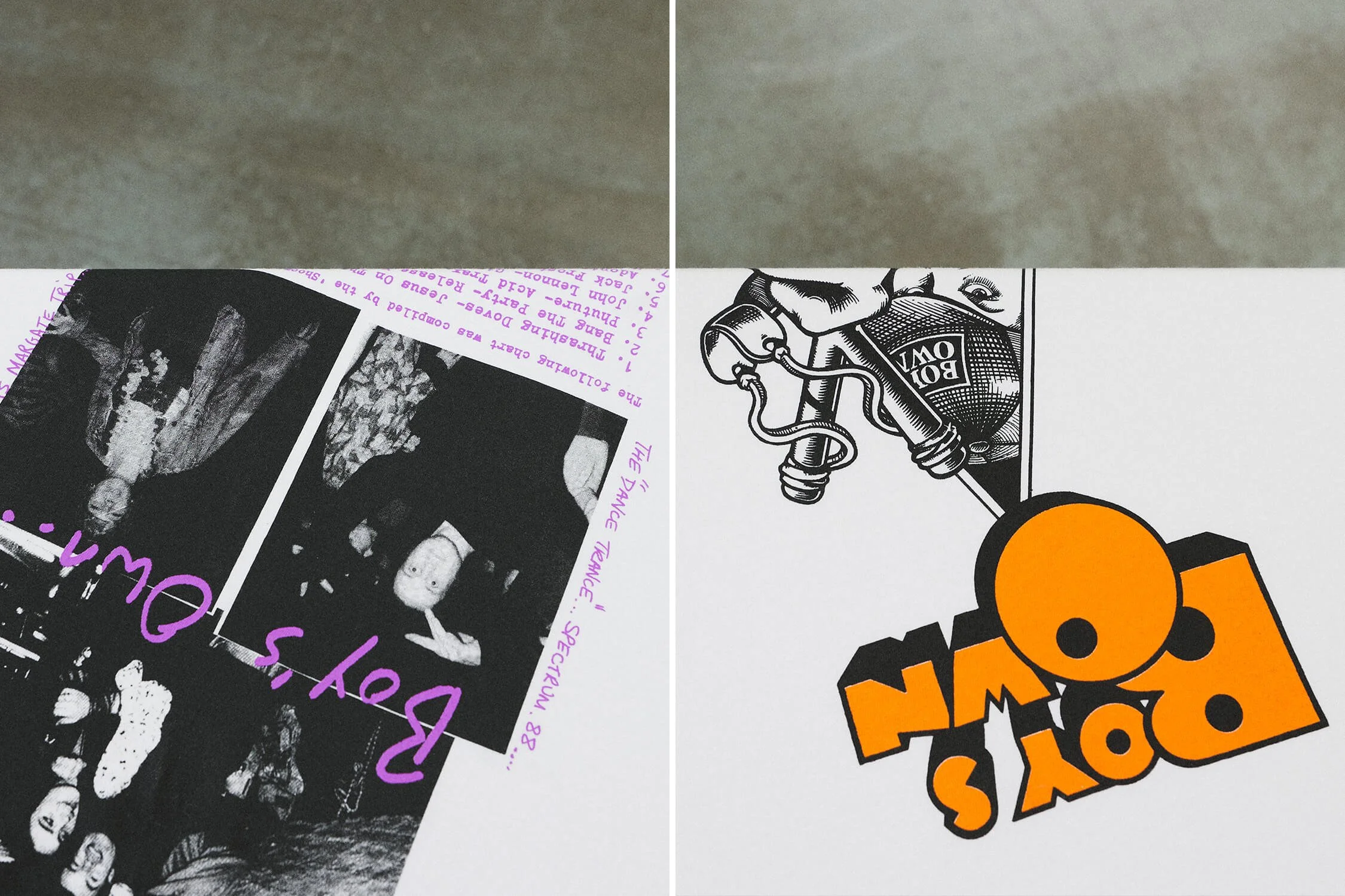 two white tee shirts folder on table with concrete floor background.
