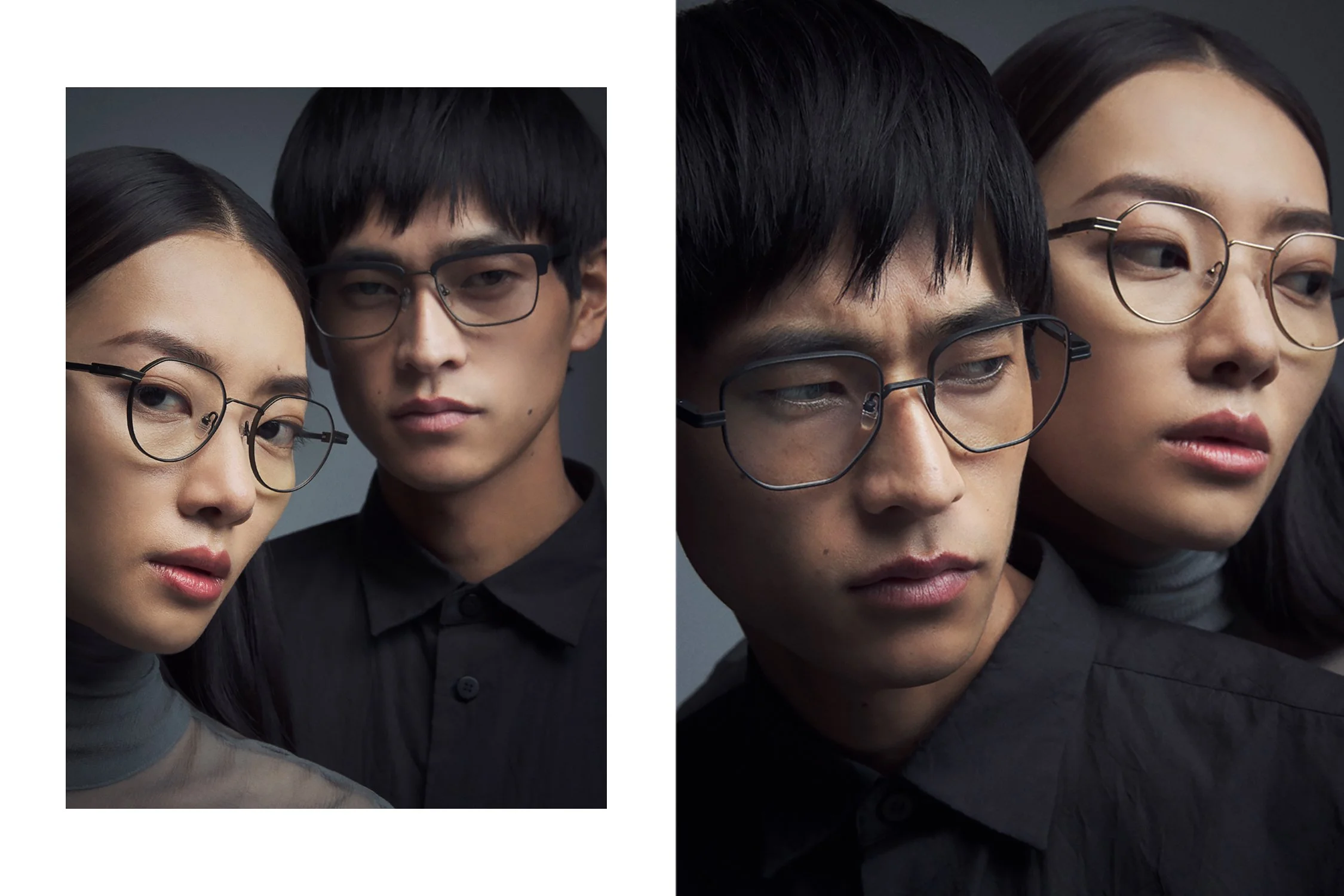 male and female models wearing dita eyewear. dark background and dark clothing.
