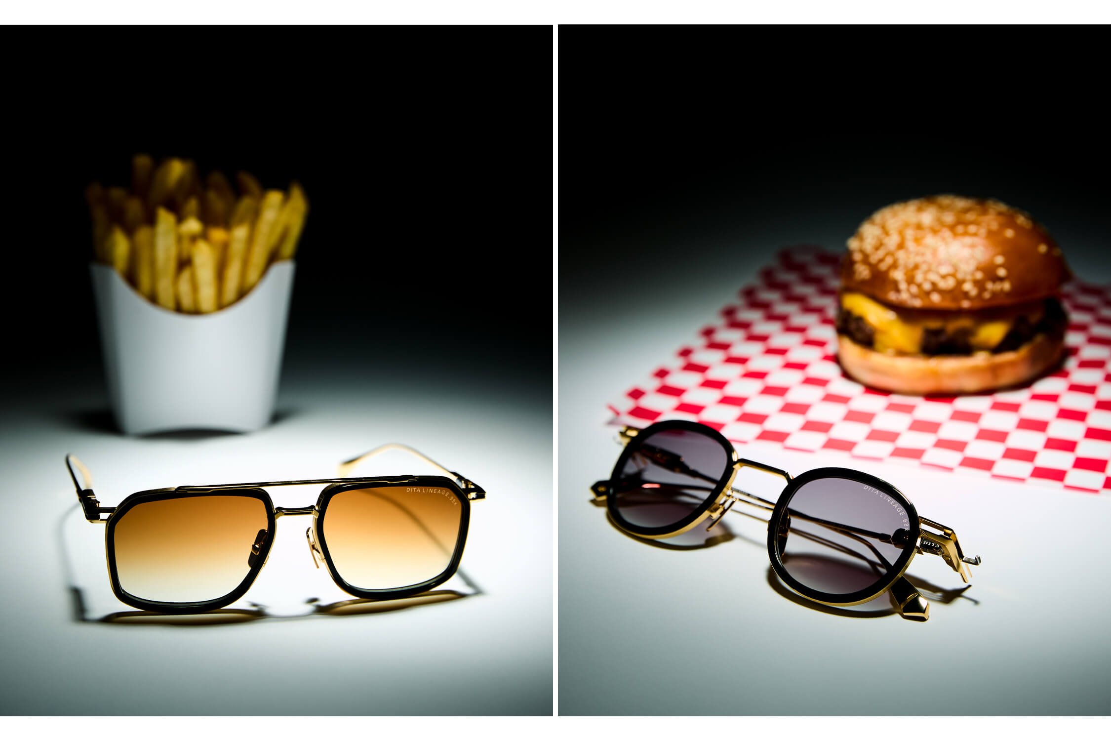 two pairs of dita sunglasses photographed in front of a cheese burger and fries.