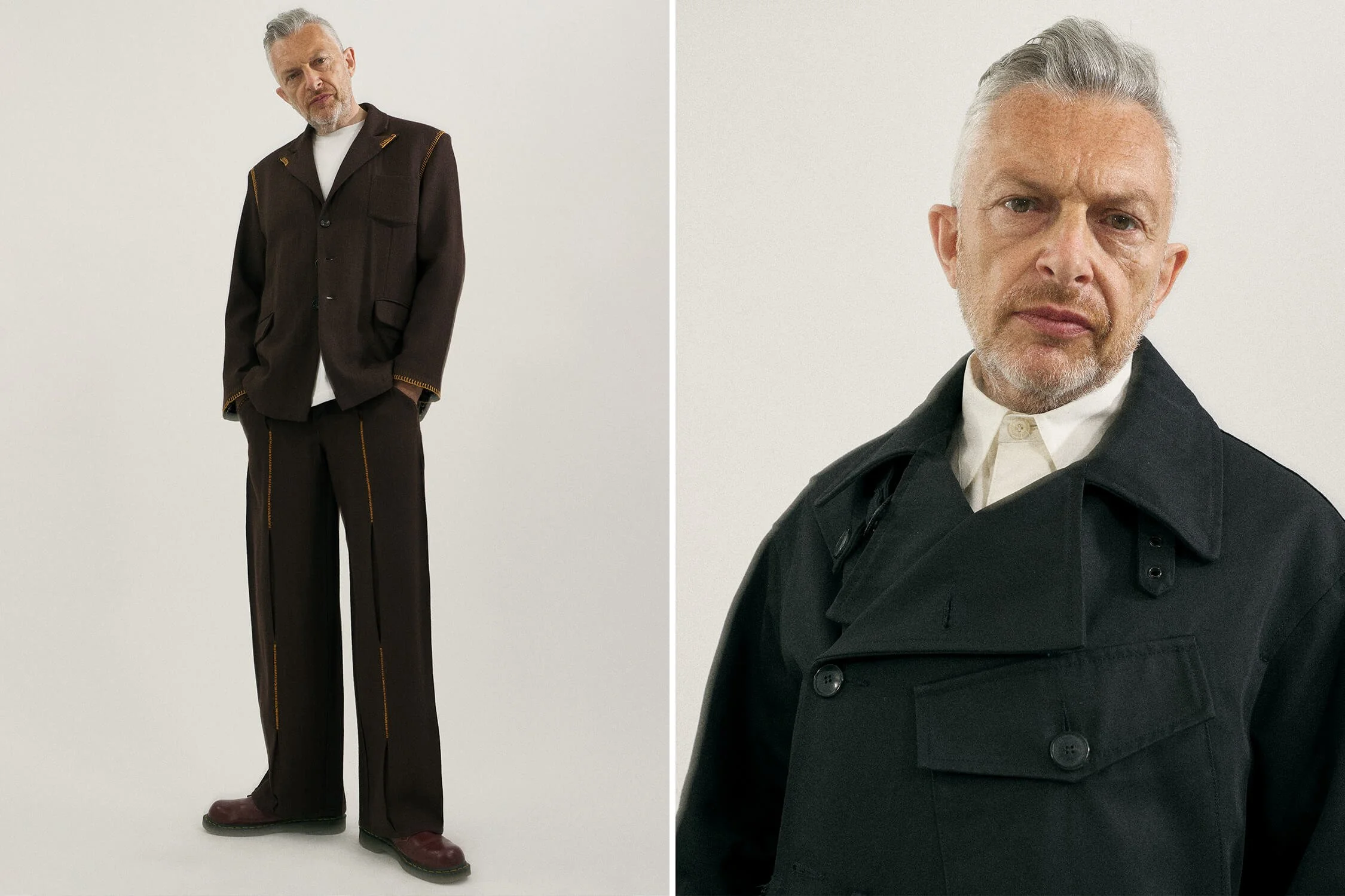 male model wearing tailored suit, stood on white background. 