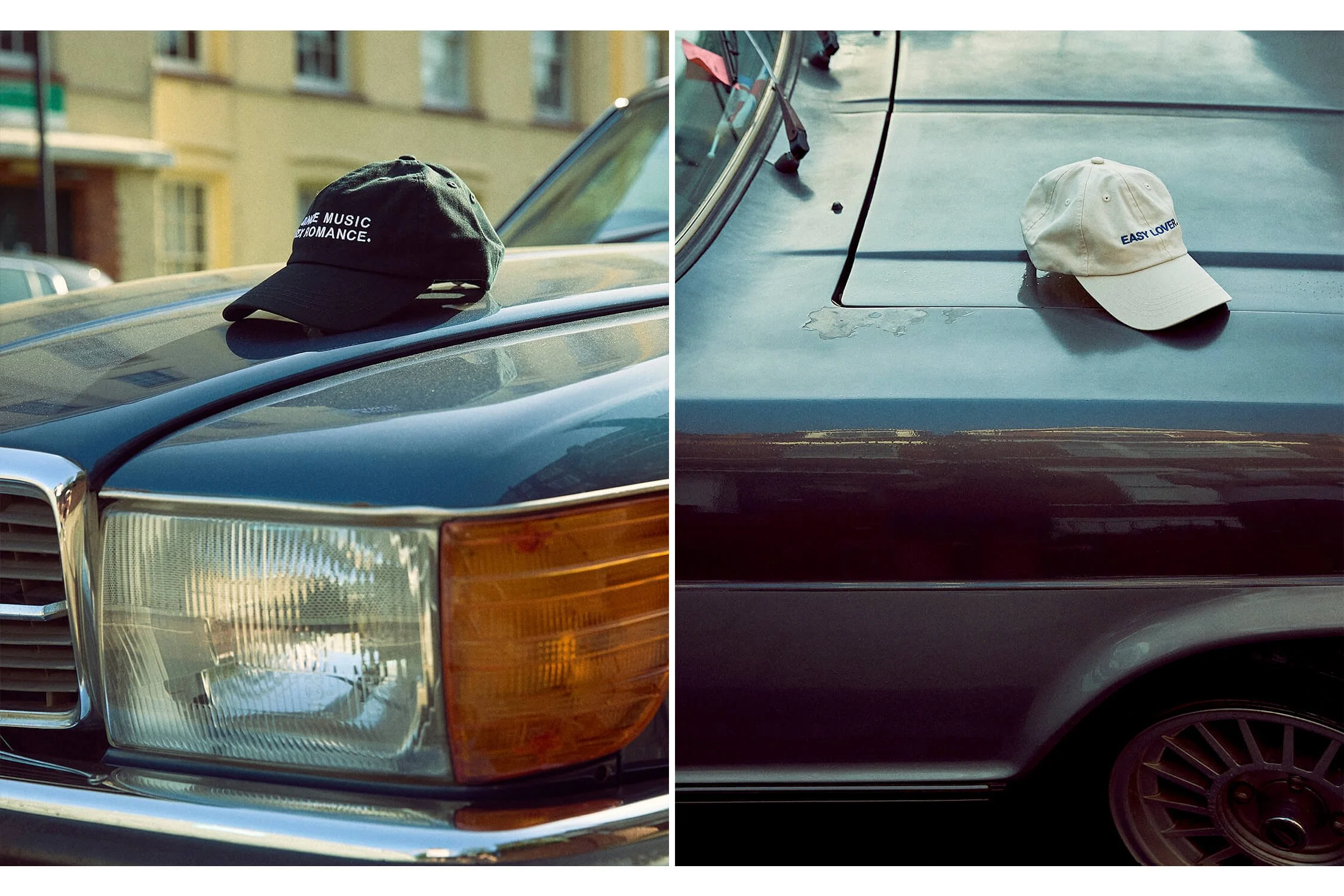 black and white caps photographed on blue cars. 