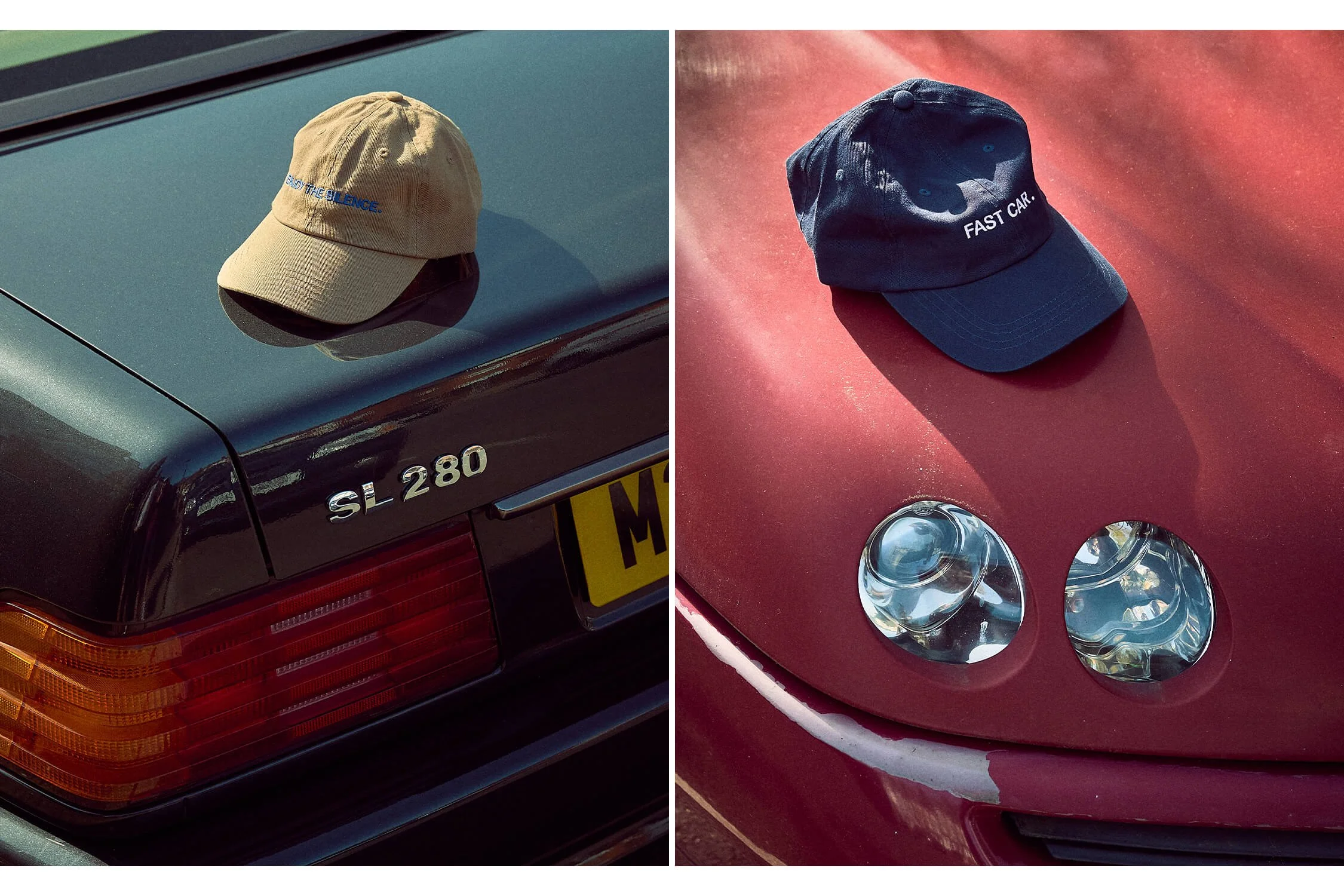 beige and naby blue caps photographed on red and blue cars.