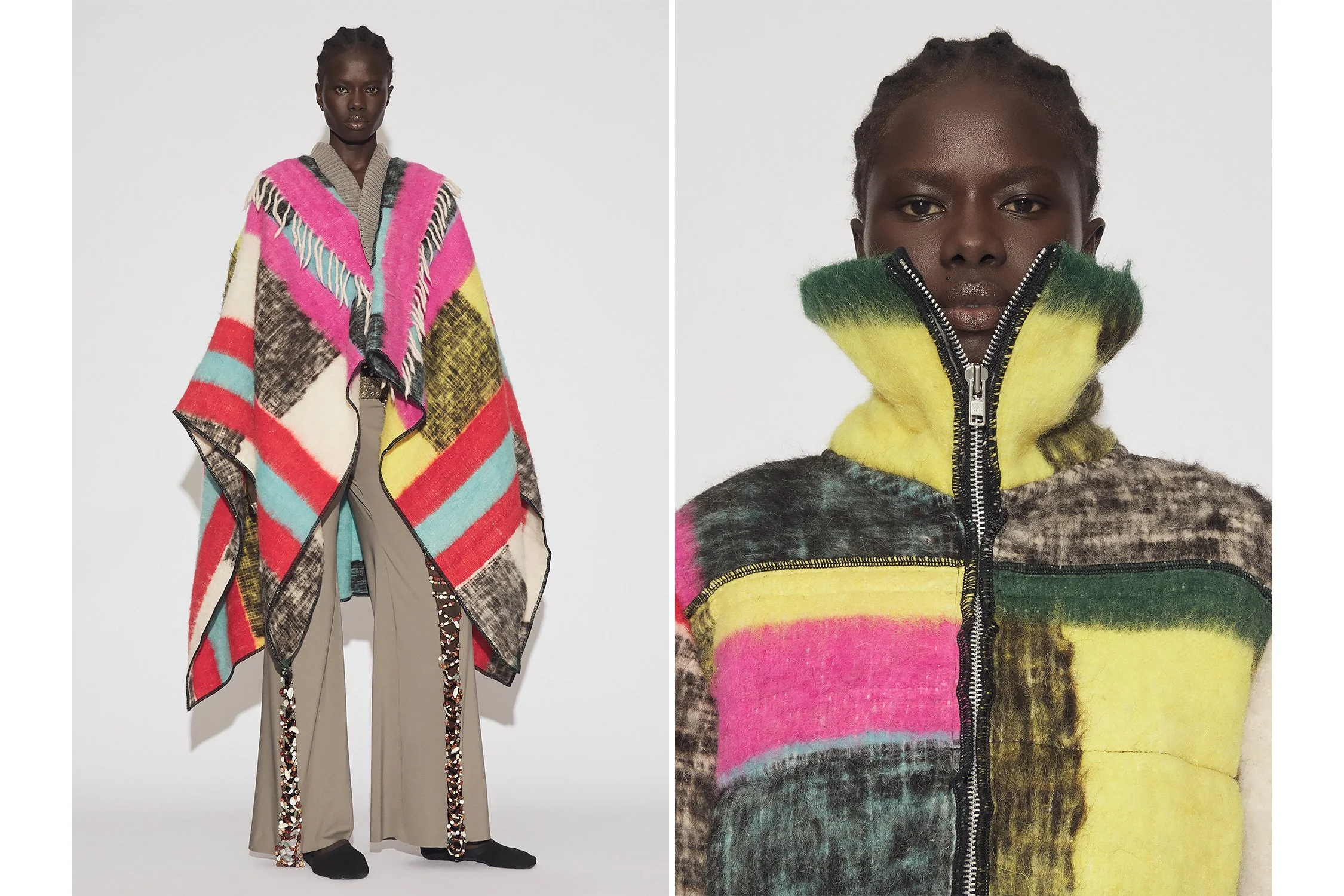 luna del pinal campaign imagery. black model wearing winter jacket on white background.