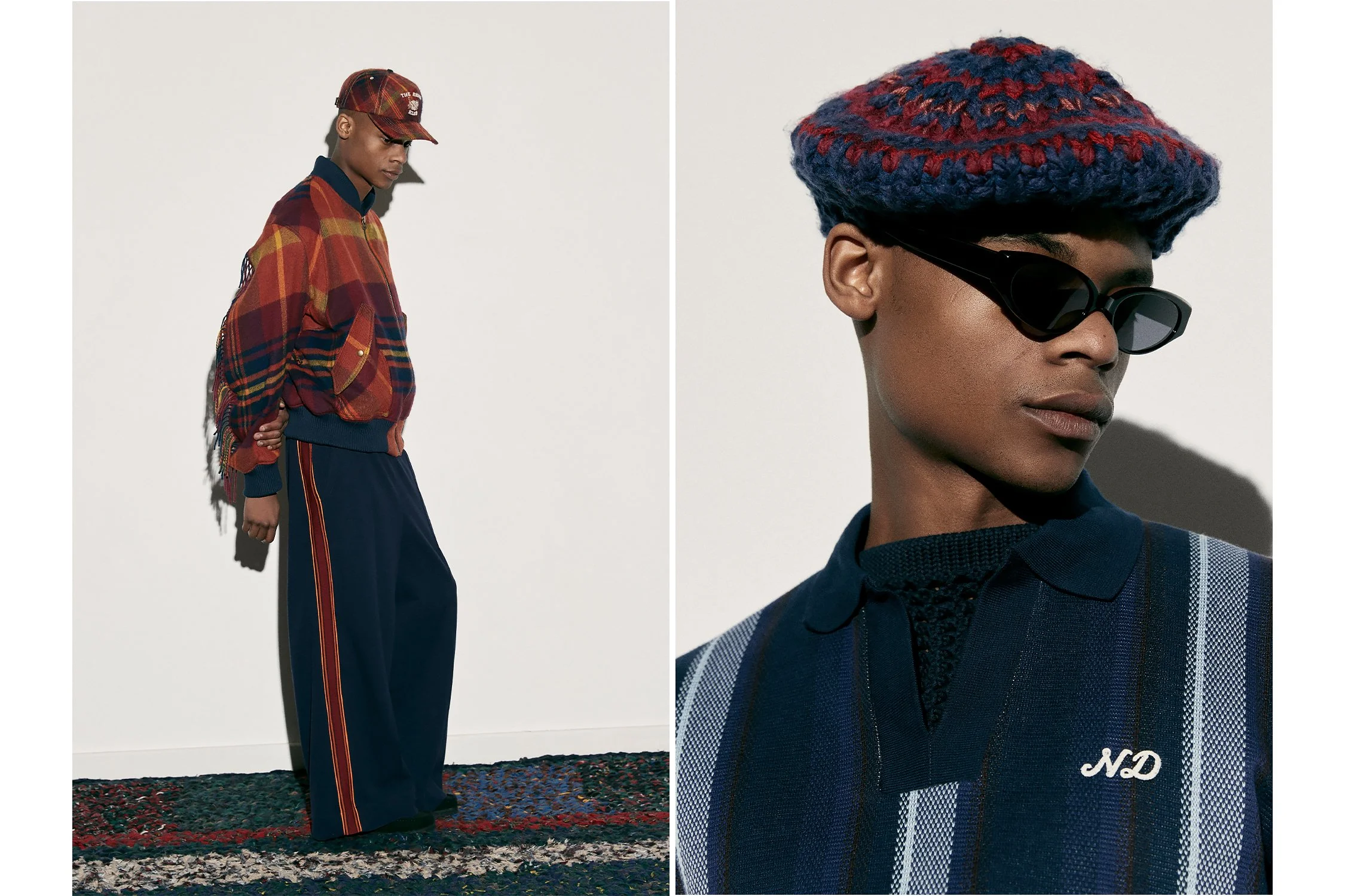 male model wearing nicholas daley jacket and hat. photographed on white background and multicoloured carpet.